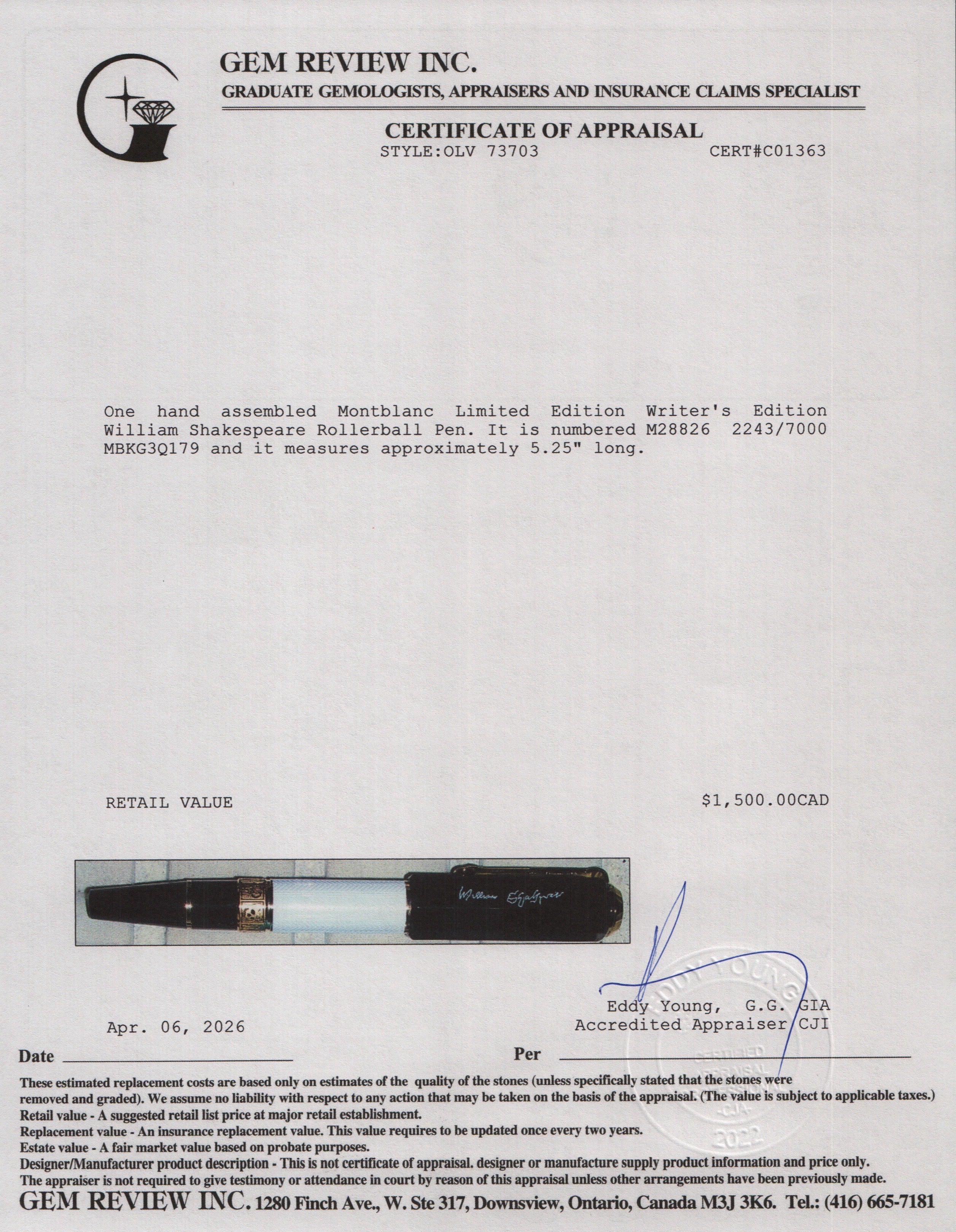Montblanc Limited Edition Writer's Edition William Shakespeare Rollerball Pen w/ Box