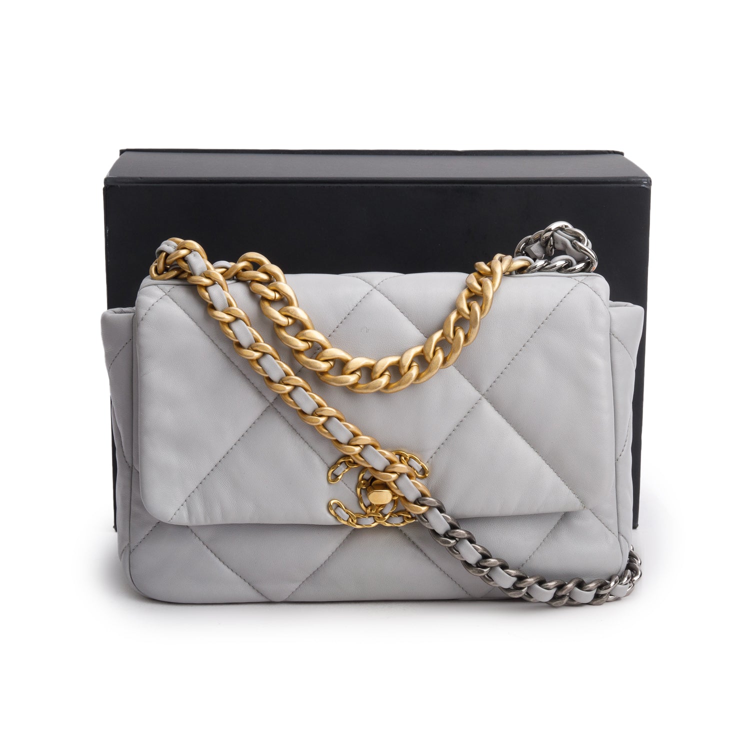 Chanel Grey Lambskin Leather Medium 19 Flap Bag w/ Box