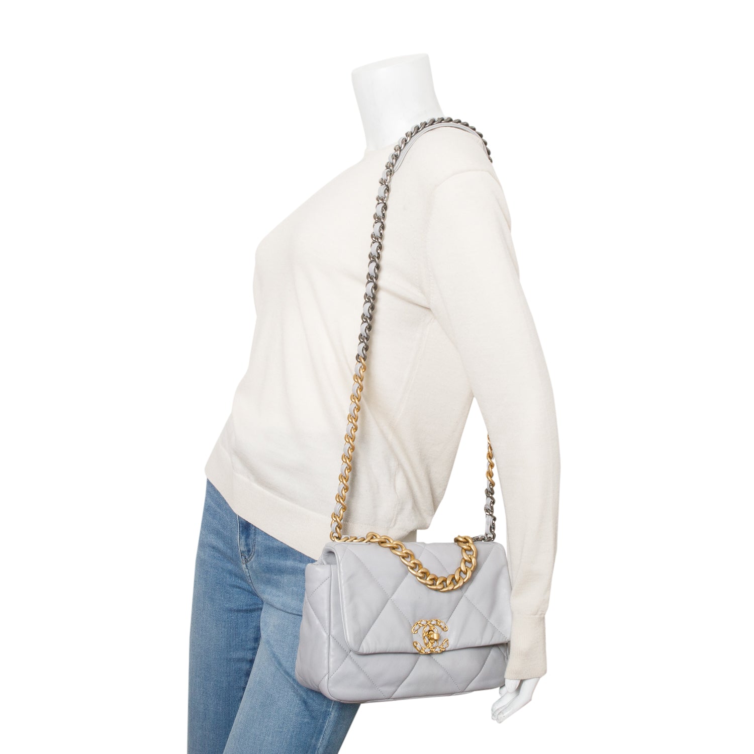 Chanel Grey Lambskin Leather Medium 19 Flap Bag w/ Box