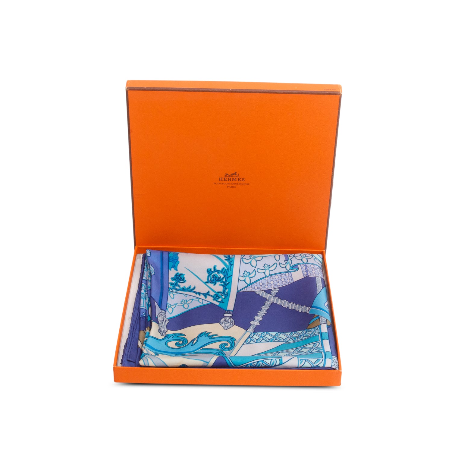 Hermes Blue 'Etendards et Bannieres' Silk Scarf 90 w/ Box