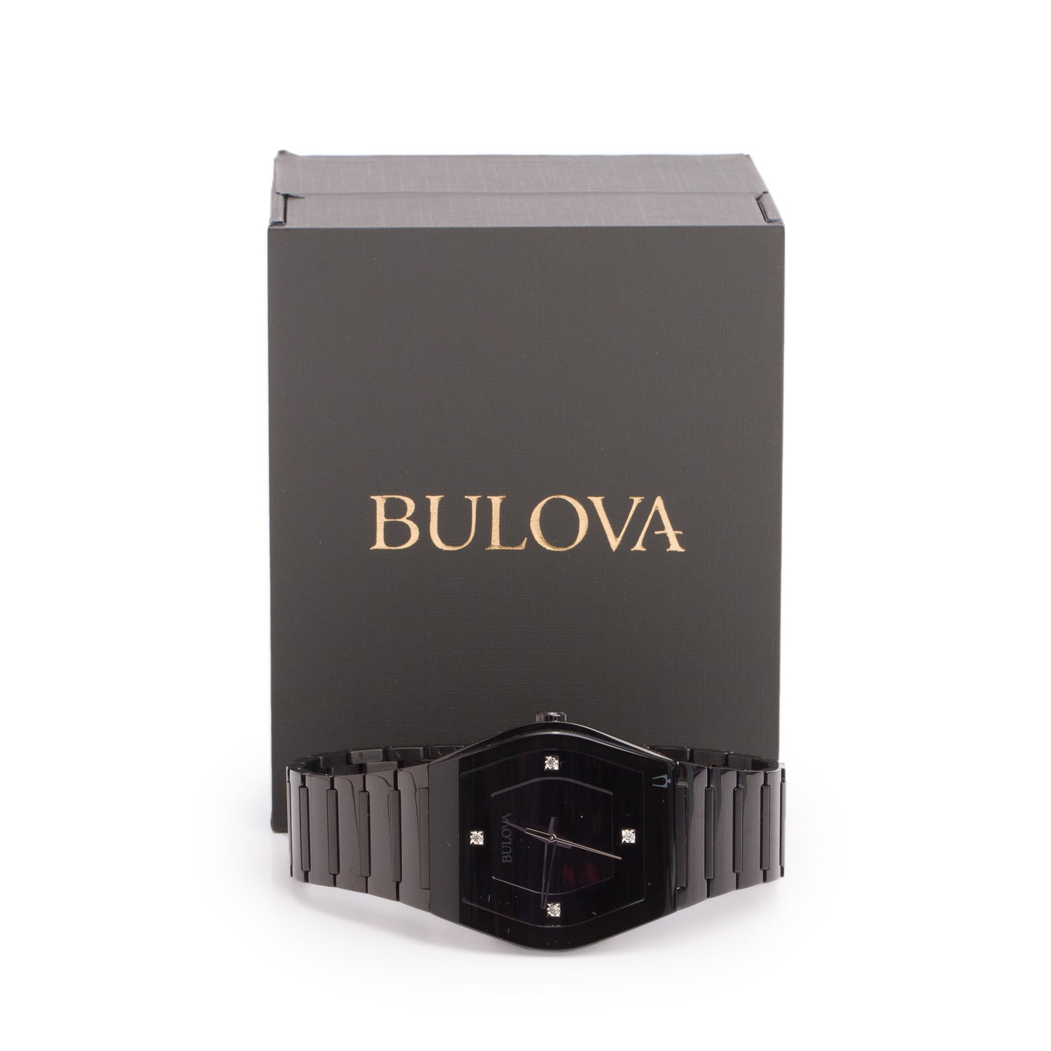 Bulova Black Stainless Steel 40 MM Quartz Watch Black Diamond Dial 98D177 w/ Box