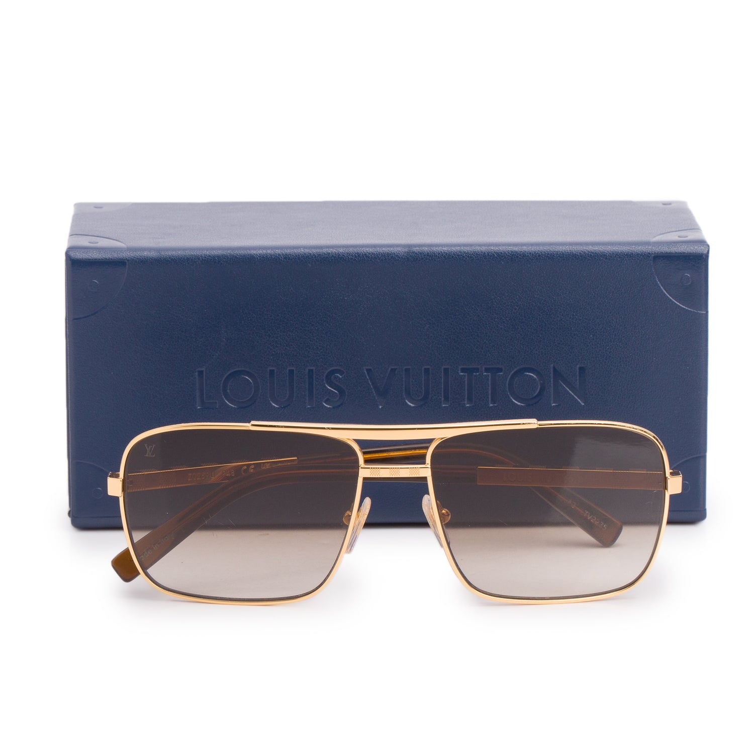 Louis Vuitton Z0259U Gold-Tone Damier Attitude Aviator Square Sunglasses w/ Case