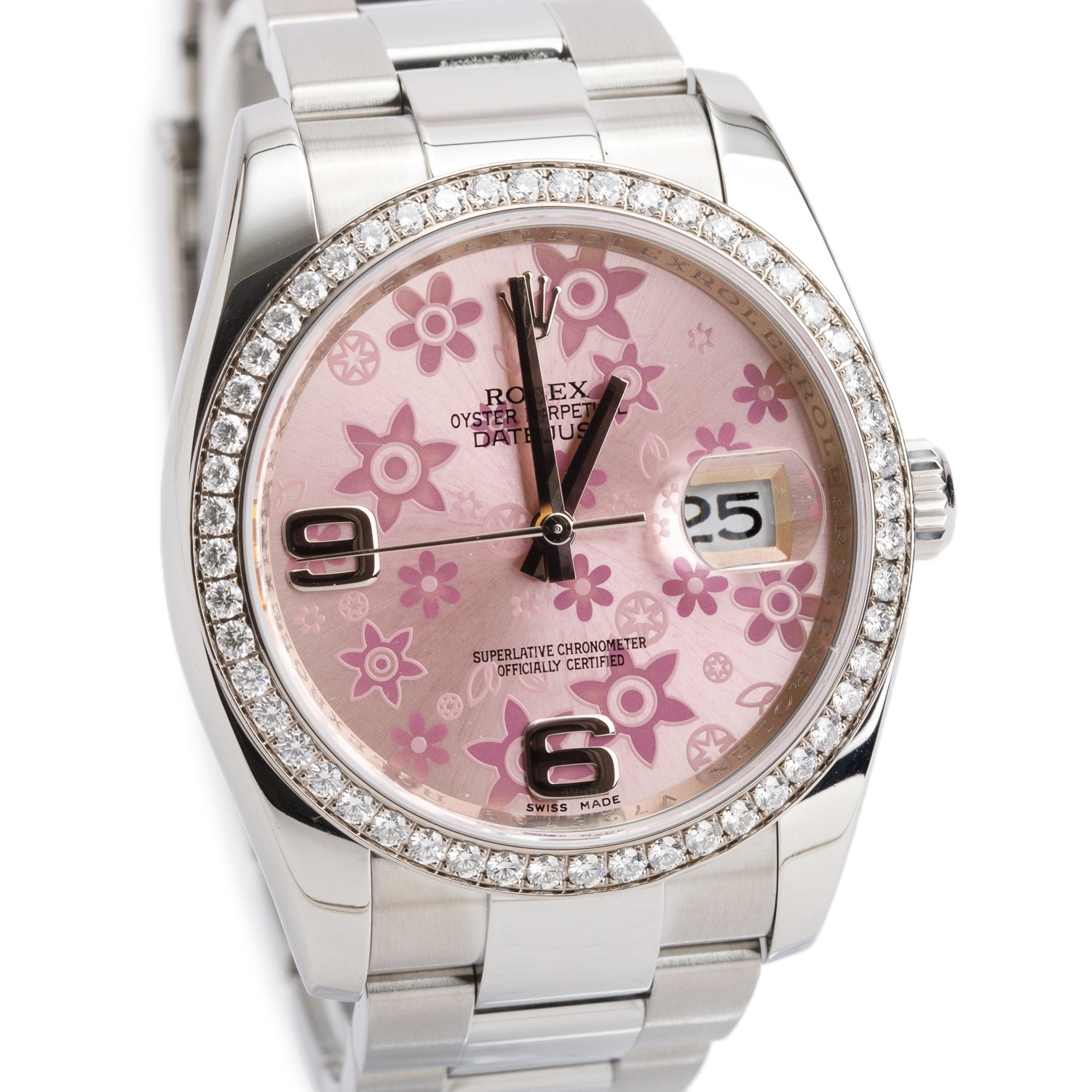 Rolex Stainless Steel Diamond Bezel 36 MM Datejust Automatic Watch Pink Floral Dial 116244 w/ Box & Papers