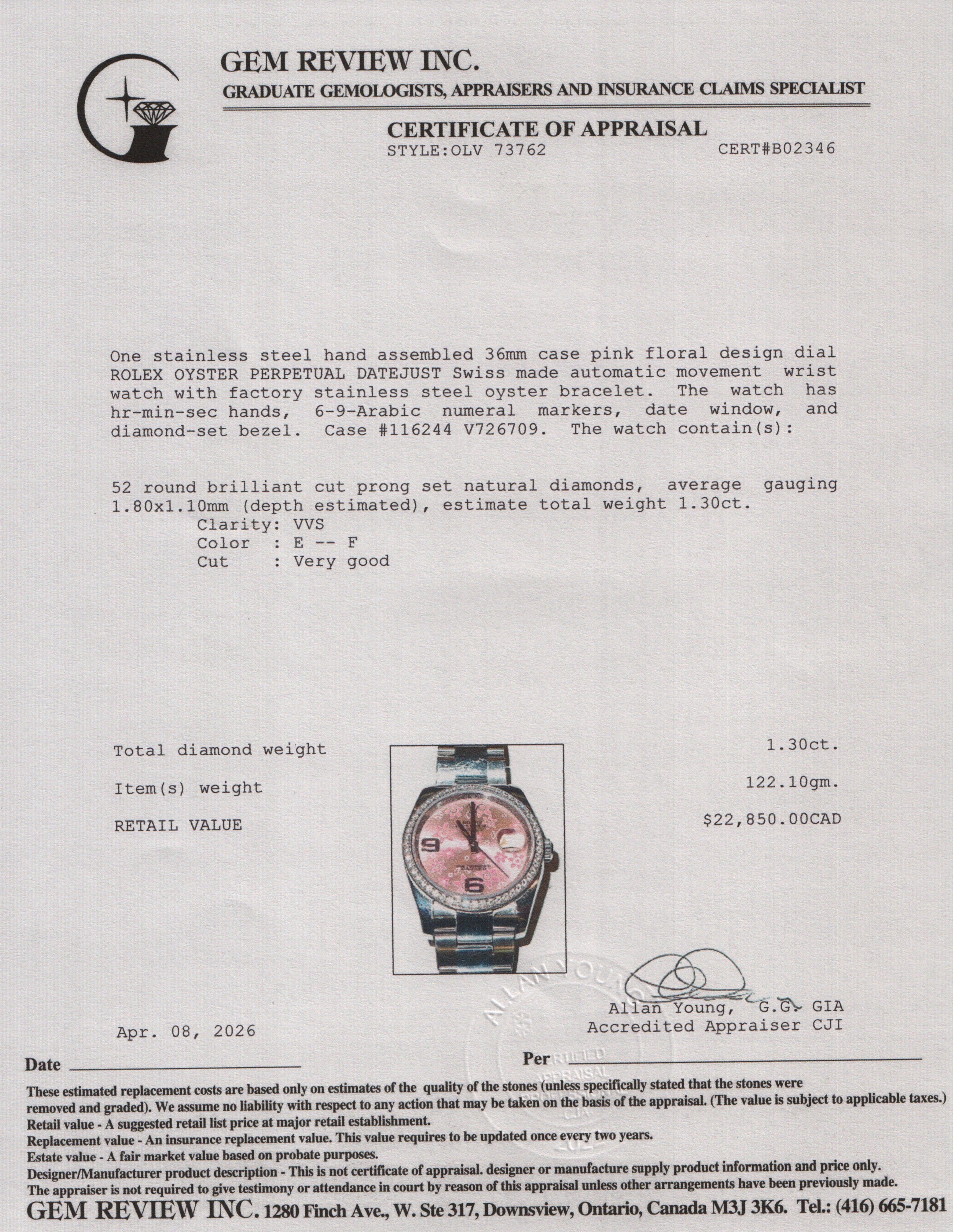 Rolex Stainless Steel Diamond Bezel 36 MM Datejust Automatic Watch Pink Floral Dial 116244 w/ Box & Papers