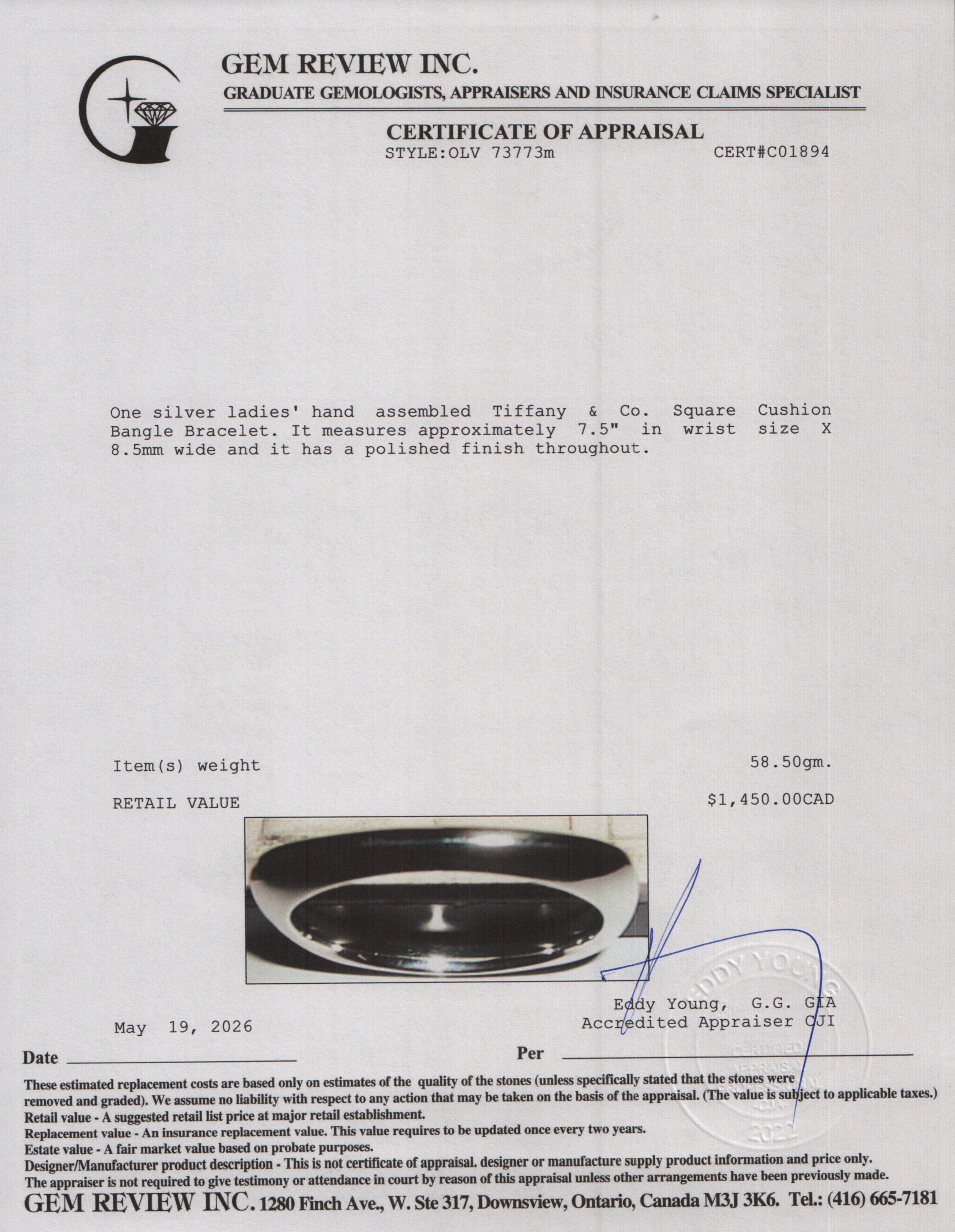 Tiffany & Co. Sterling Silver Square Cushion Bangle Bracelet