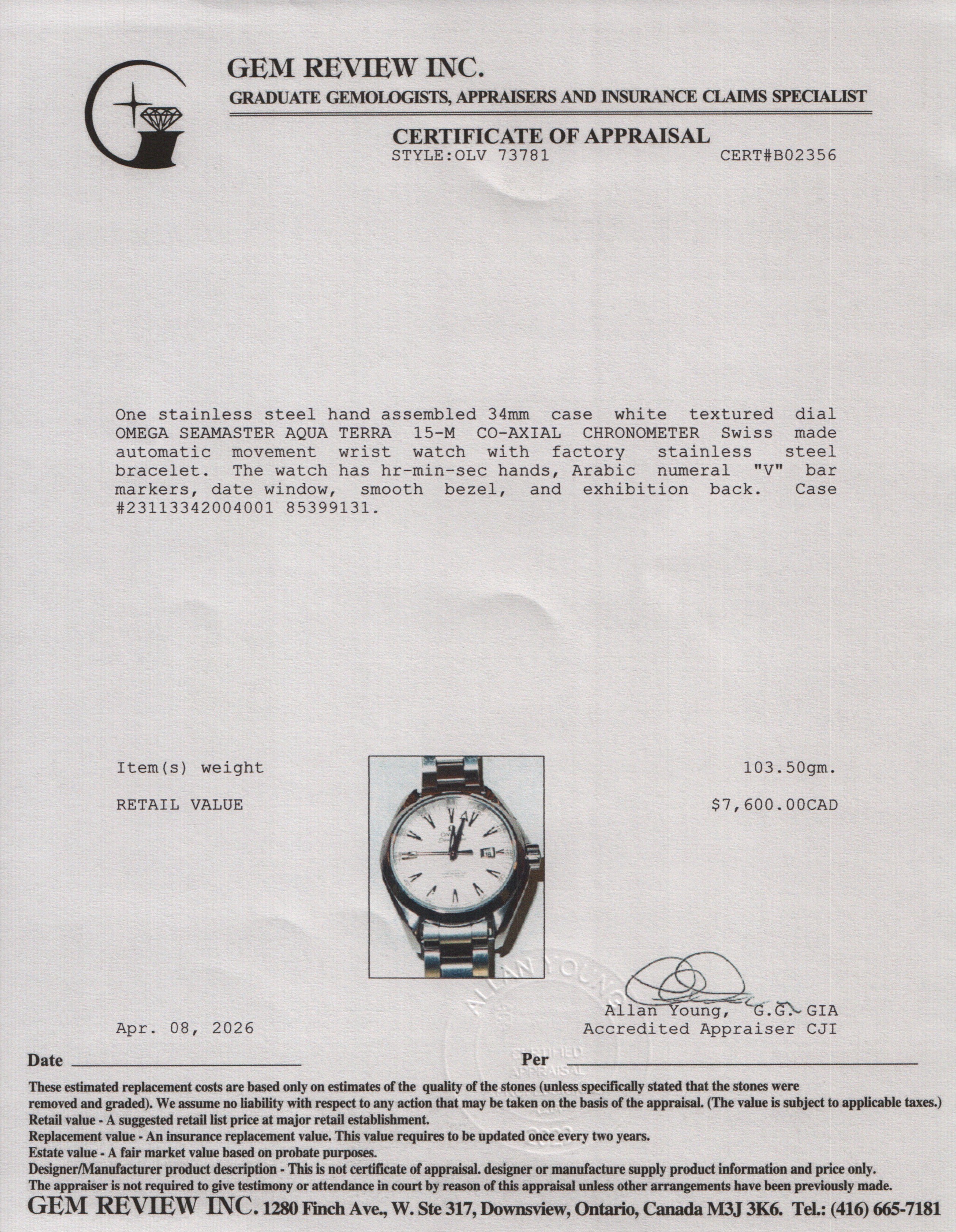 Omega Stainless Steel Seamaster Aqua Terra 34 MM 150M Co-Axial Chronometer Automatic Watch White Dial w/ Papers