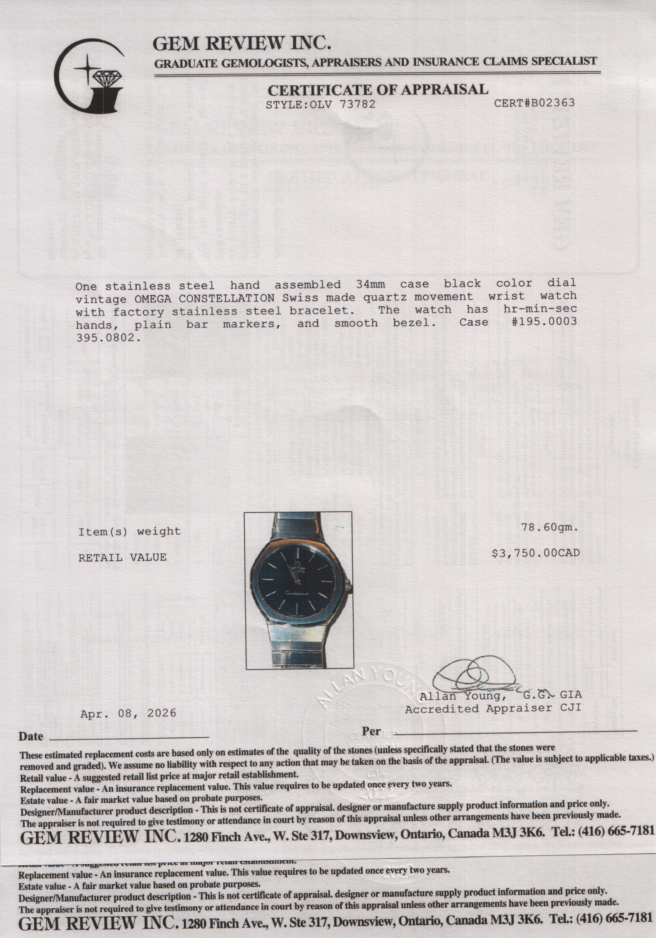 Omega Vintage Stainless Steel Constellation 34 MM Quartz Watch Black Dial