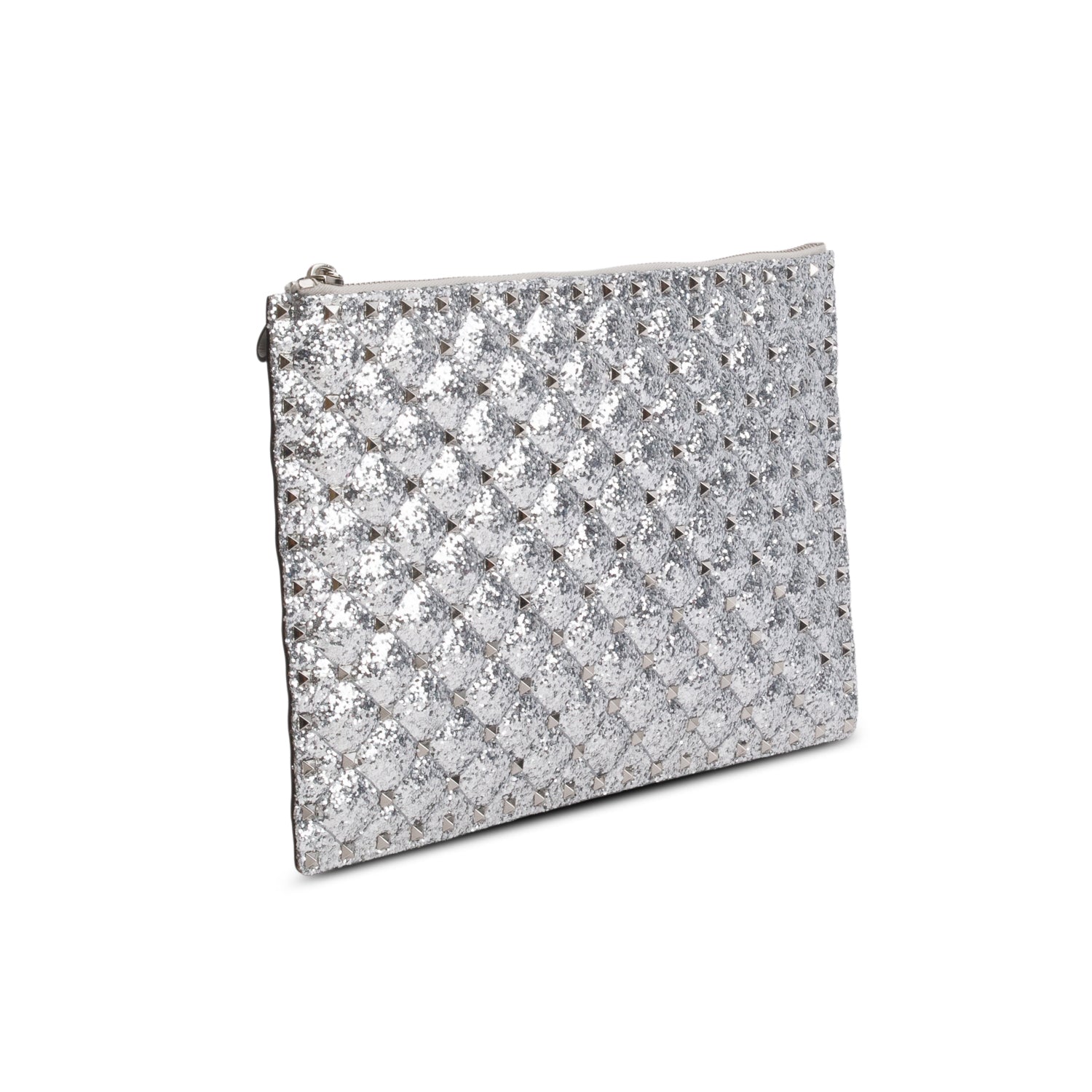 Valentino Grey Glitter Quilted Calfskin Rockstud Clutch