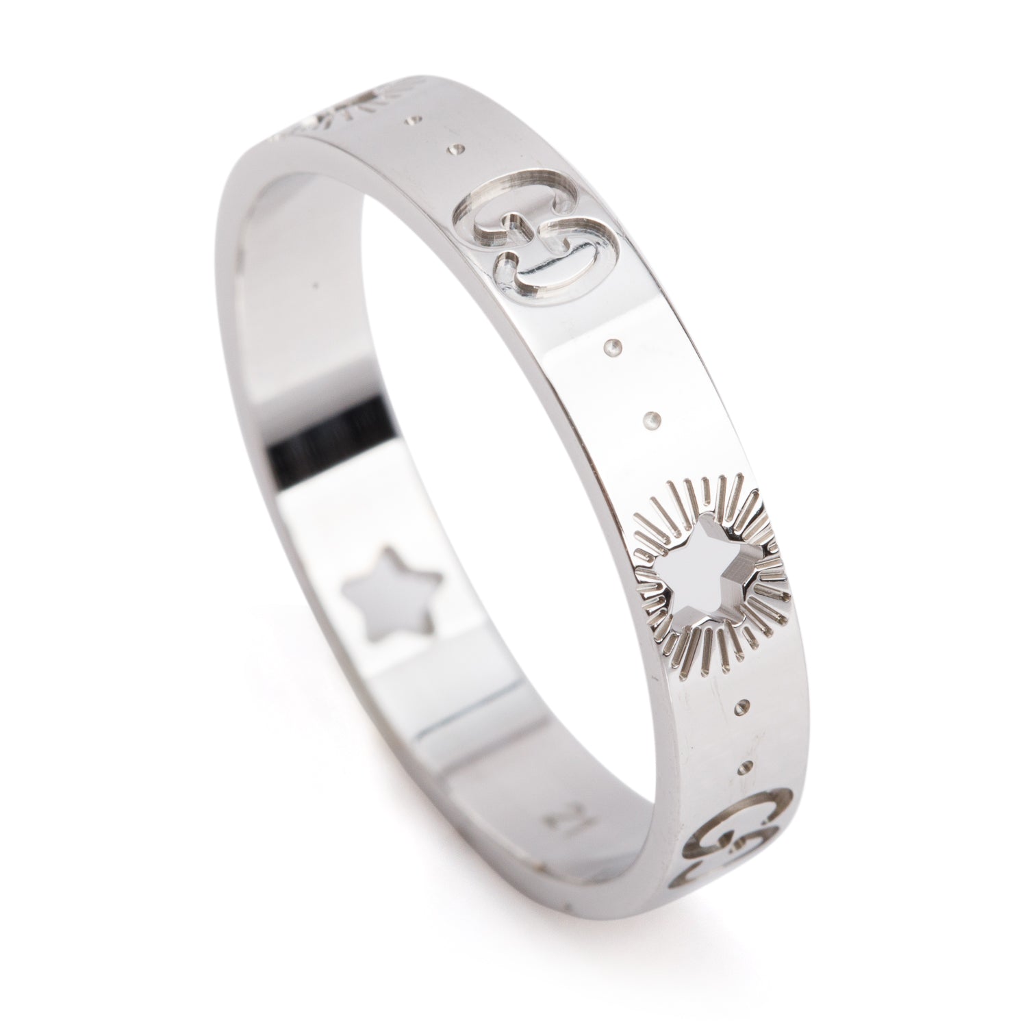 Gucci 18k White Gold Icon Star 4 MM Band Ring, Size 21 9.25