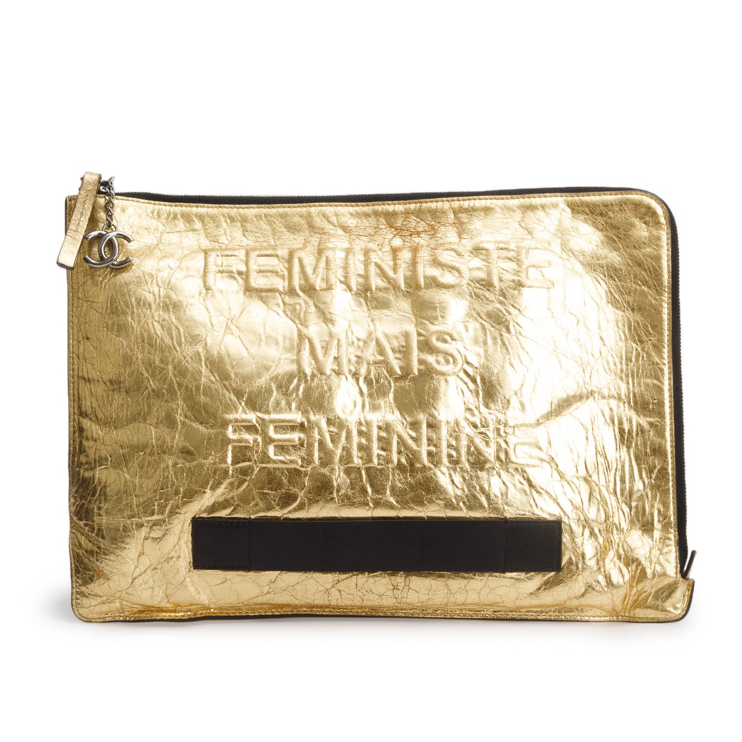 Chanel Gold Crinkled Calfskin 'Feministe mais Feminine' Clutch w/ Box
