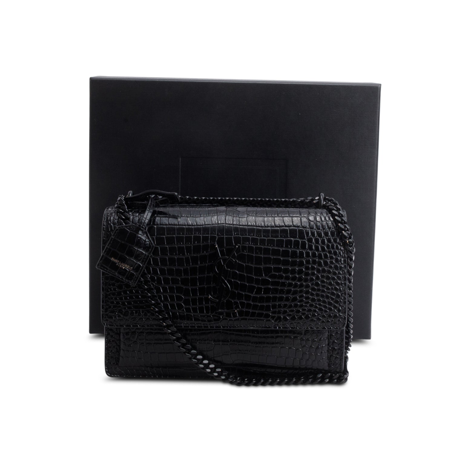 Saint Laurent 2021 Black Croc Embossed Calfskin Monochrome Medium Sunset Bag w/ Box