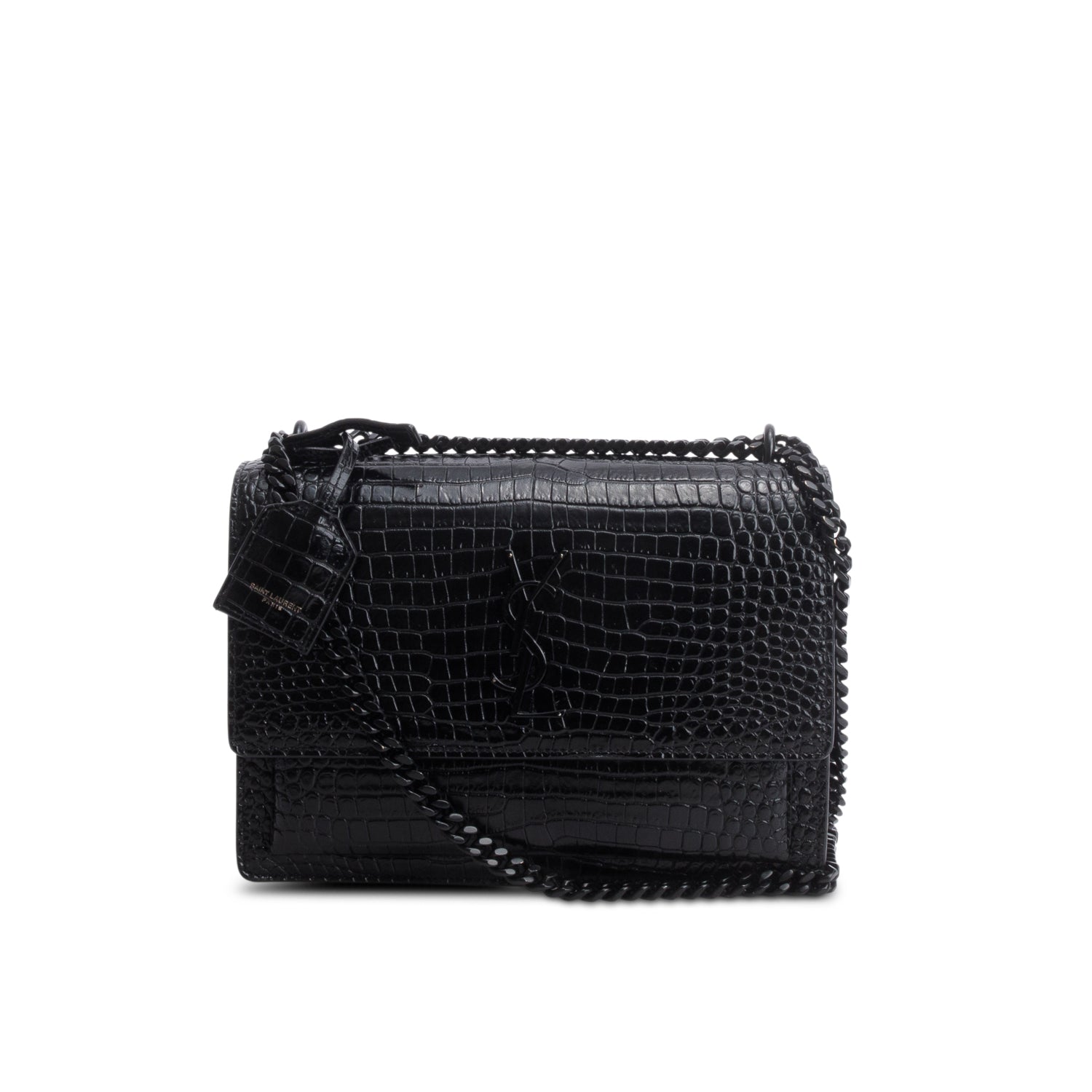 Saint Laurent 2021 Black Croc Embossed Calfskin Monochrome Medium Sunset Bag w/ Box
