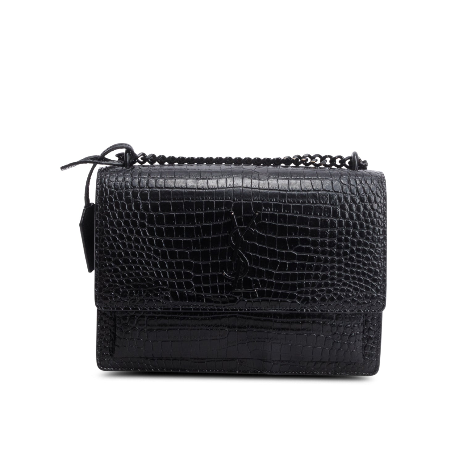 Saint Laurent 2021 Black Croc Embossed Calfskin Monochrome Medium Sunset Bag w/ Box