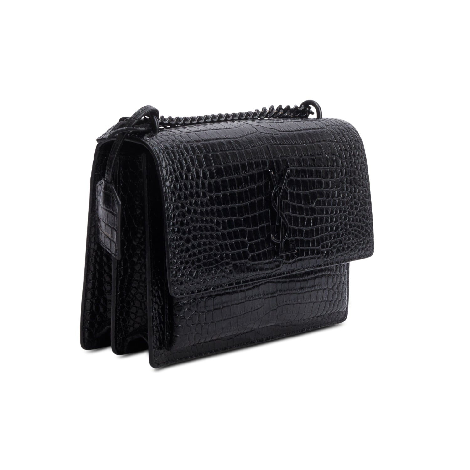Saint Laurent 2021 Black Croc Embossed Calfskin Monochrome Medium Sunset Bag w/ Box