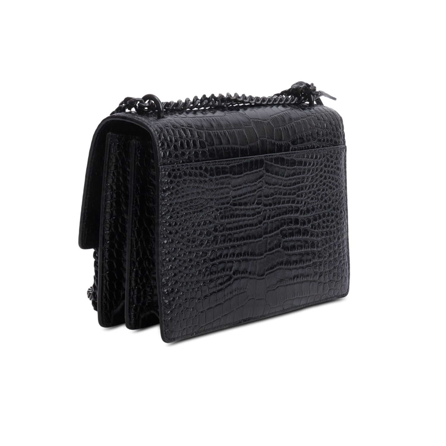 Saint Laurent 2021 Black Croc Embossed Calfskin Monochrome Medium Sunset Bag w/ Box