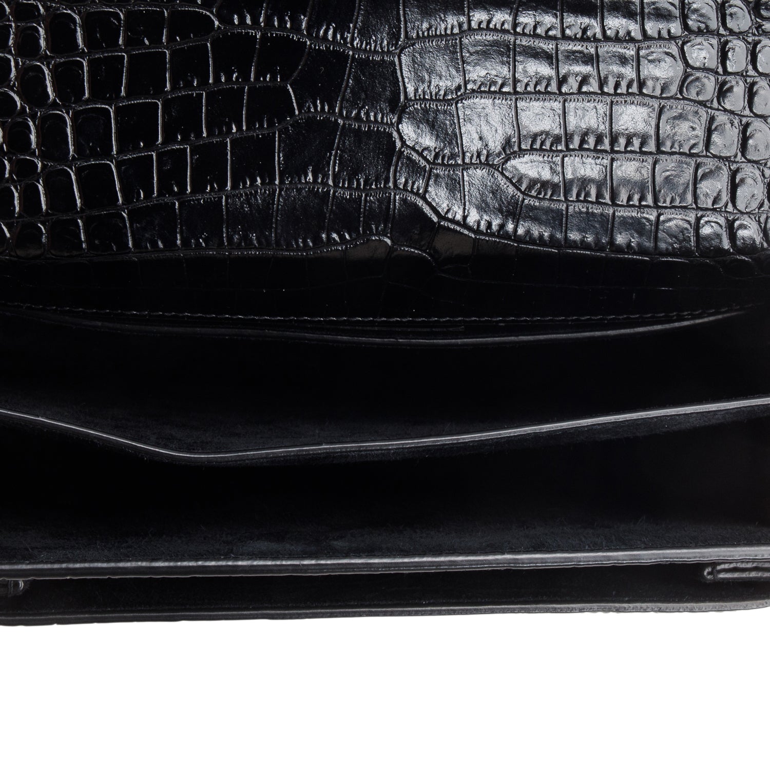 Saint Laurent 2021 Black Croc Embossed Calfskin Monochrome Medium Sunset Bag w/ Box