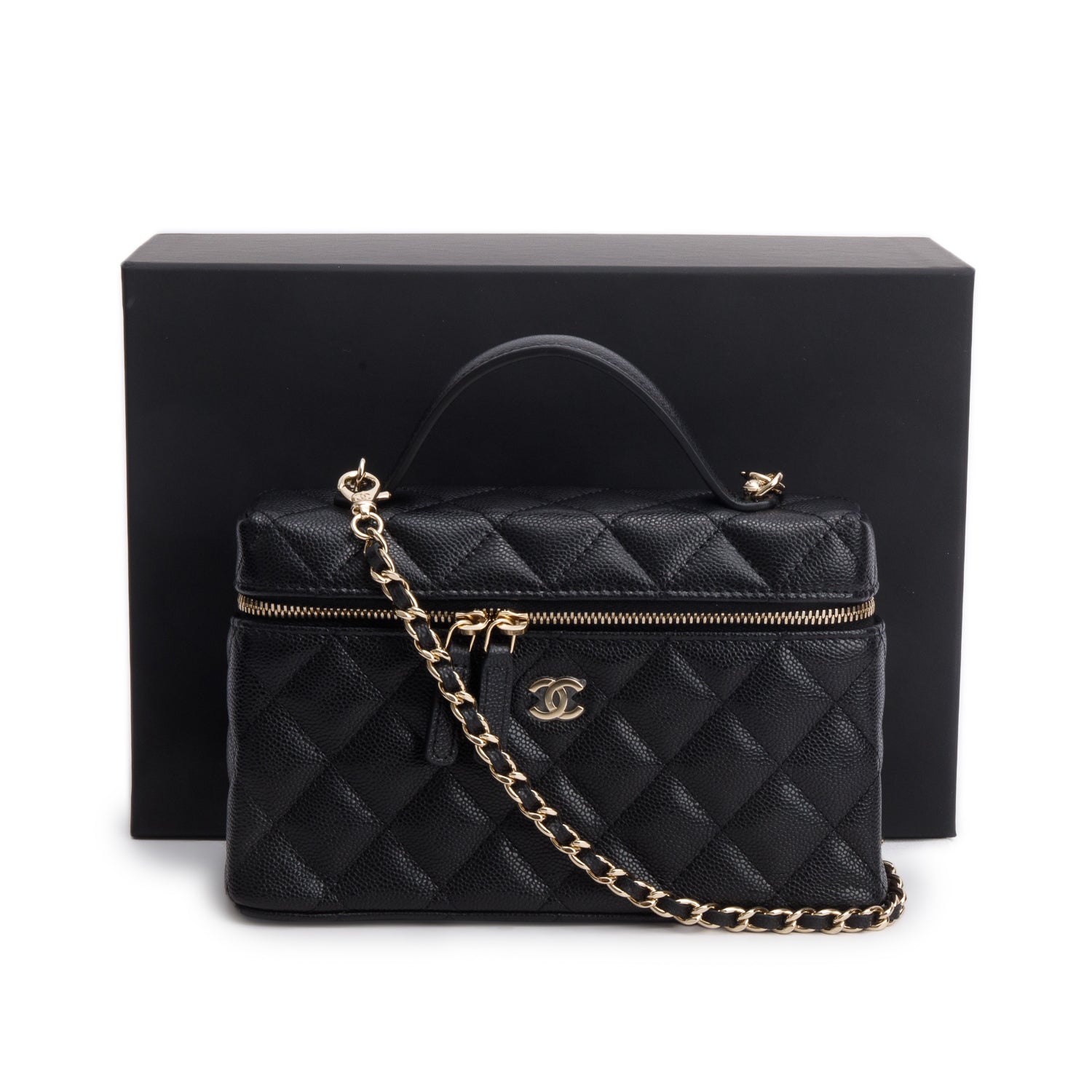 Chanel 2025 Black Caviar Quilted Top Handle Slim Vanity w/ Box, Receipt & Chain