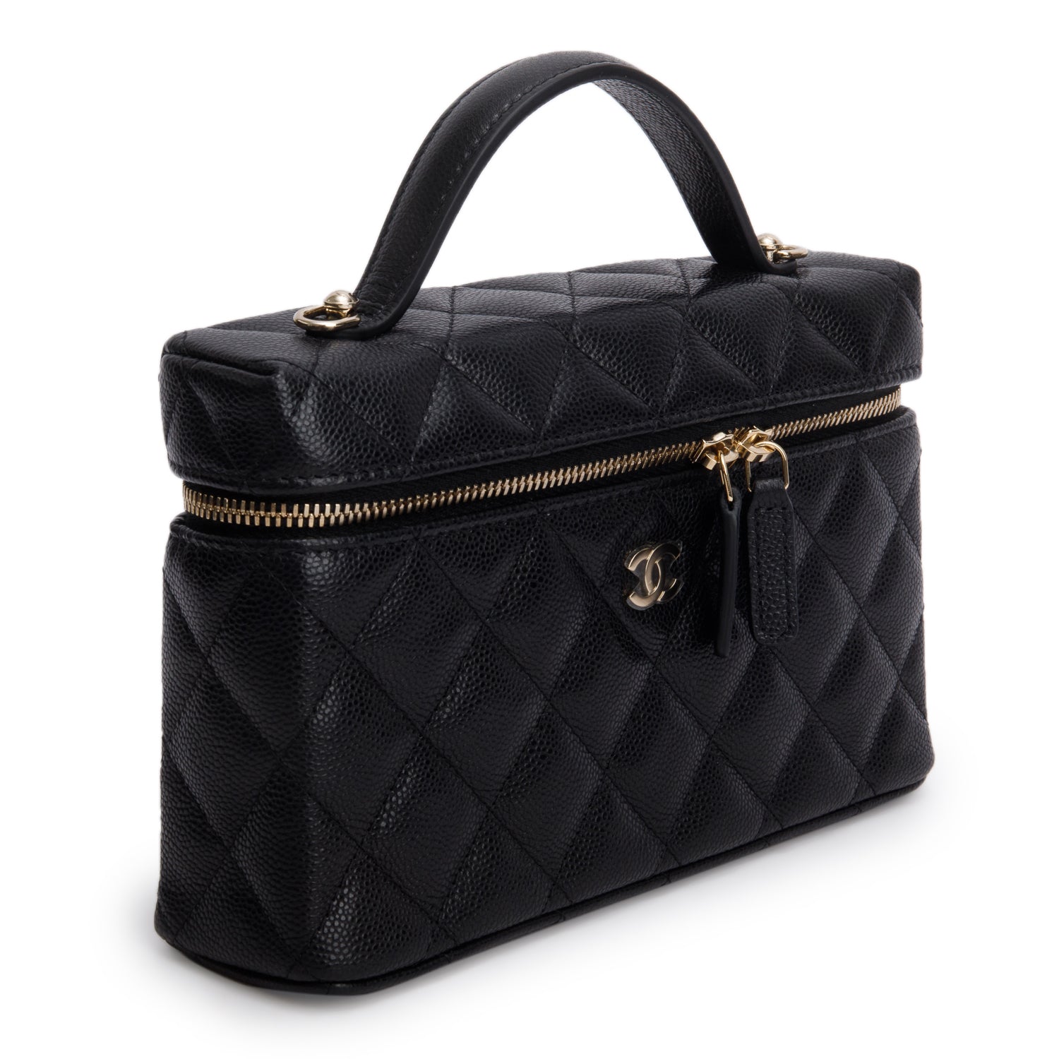 Chanel 2025 Black Caviar Quilted Top Handle Slim Vanity w/ Box, Receipt & Chain