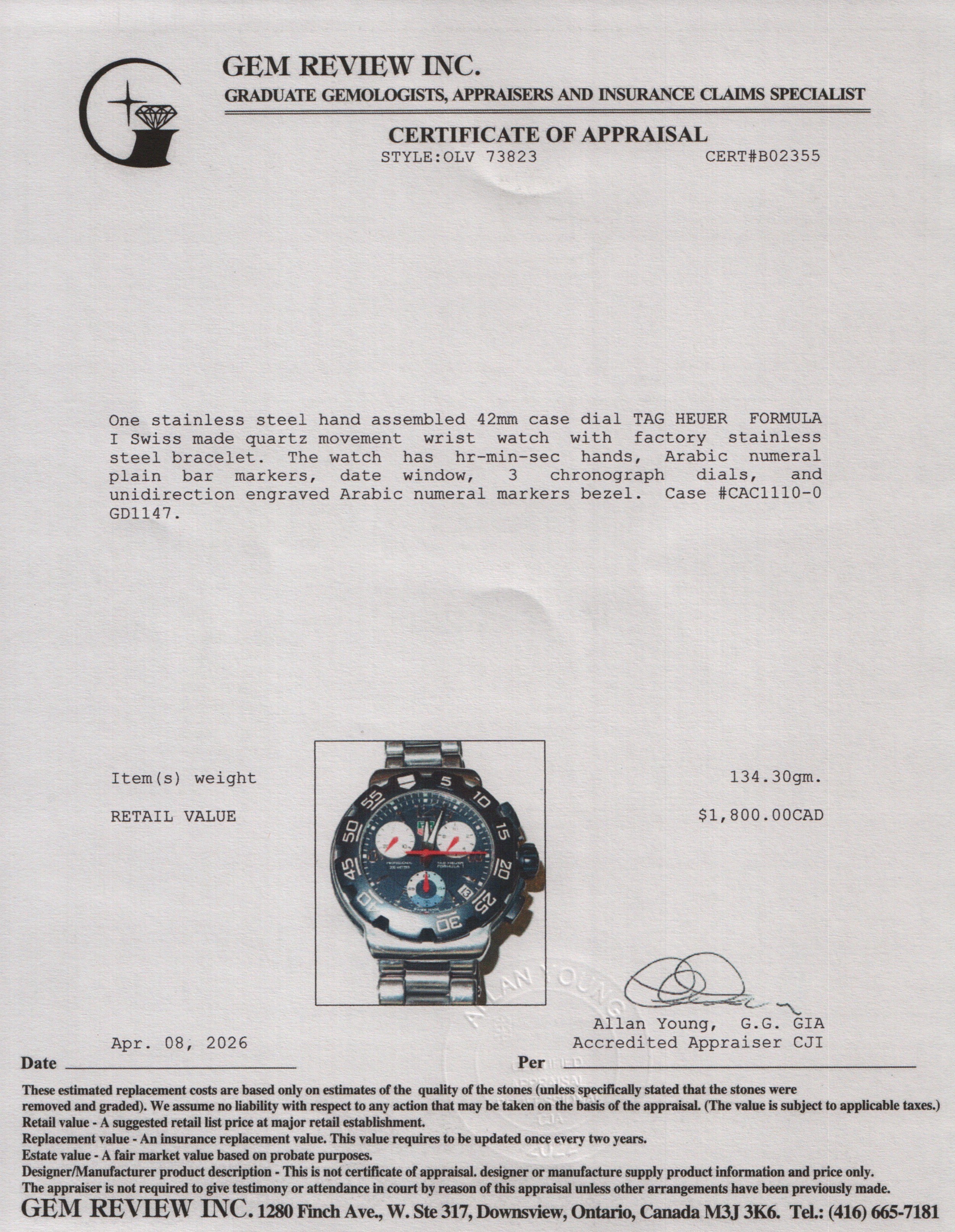 Tag Heuer Stainless Steel Formula 1 42 MM Chronograph Quartz Watch CAC1110-0