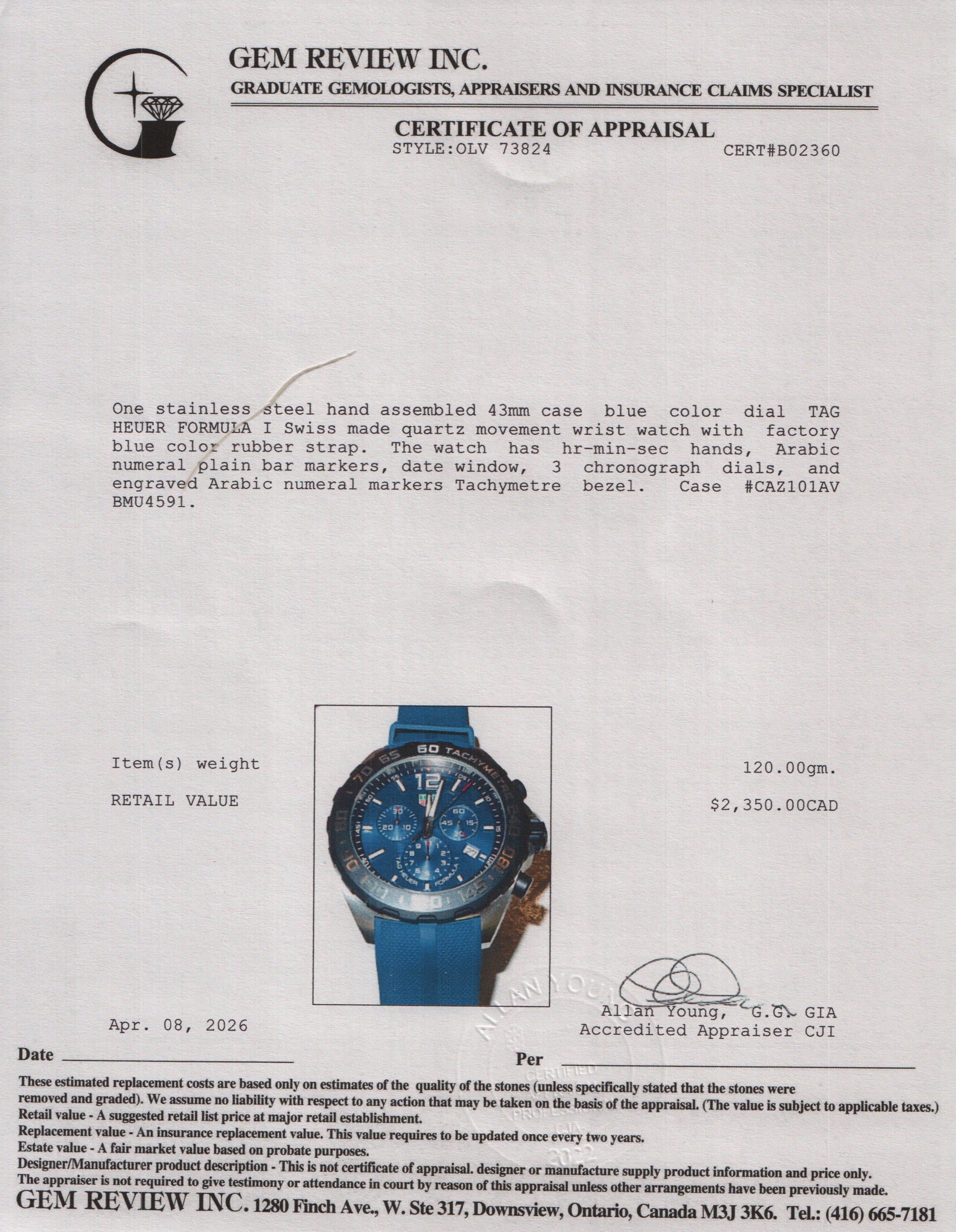 Tag Heuer 2024 Stainless Steel Formula 1 43 MM Chronograph Quartz Watch Blue Dial CAZ101AV w/ Box & Papers