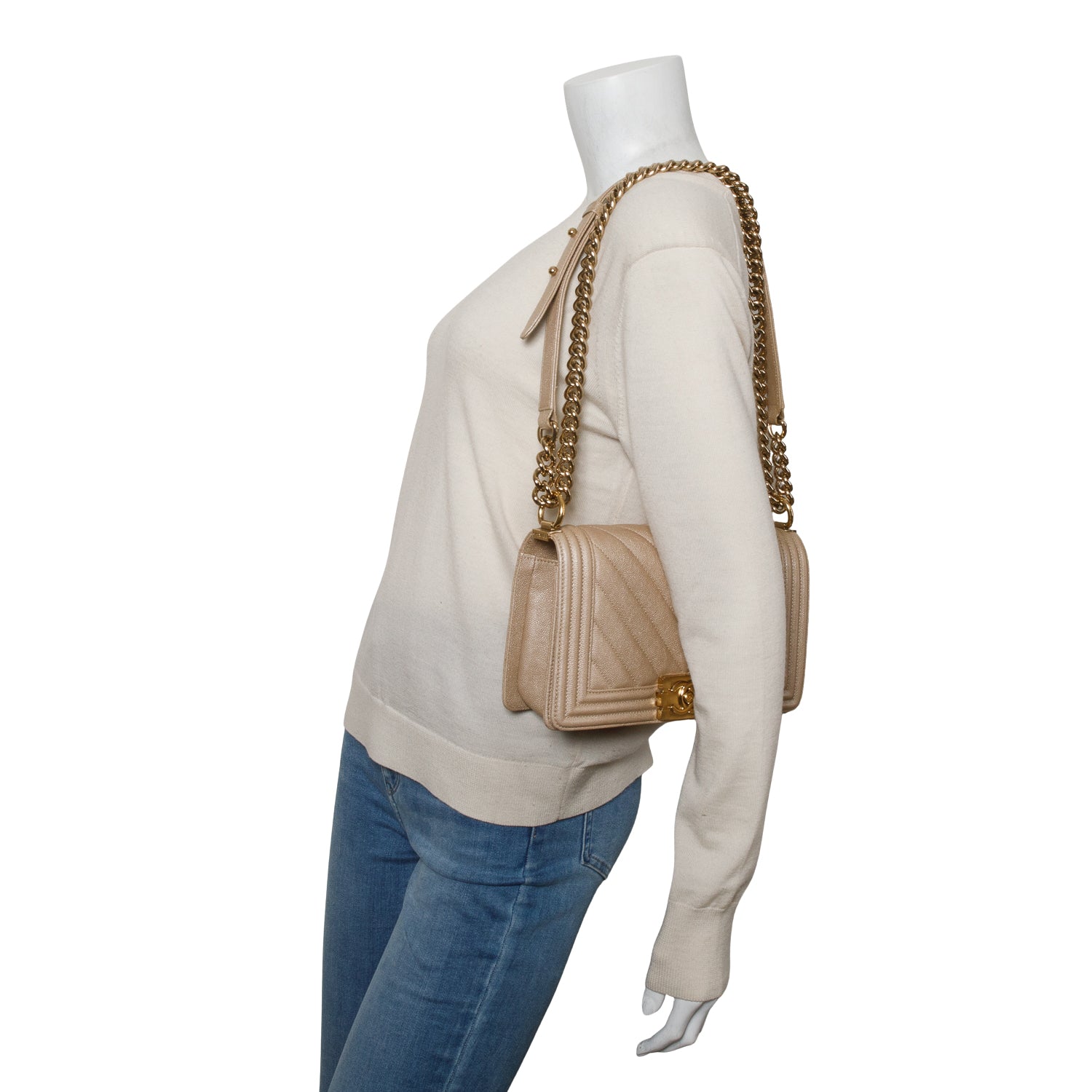 Chanel Beige Caviar Chevron Quilted Medium Boy Bag
