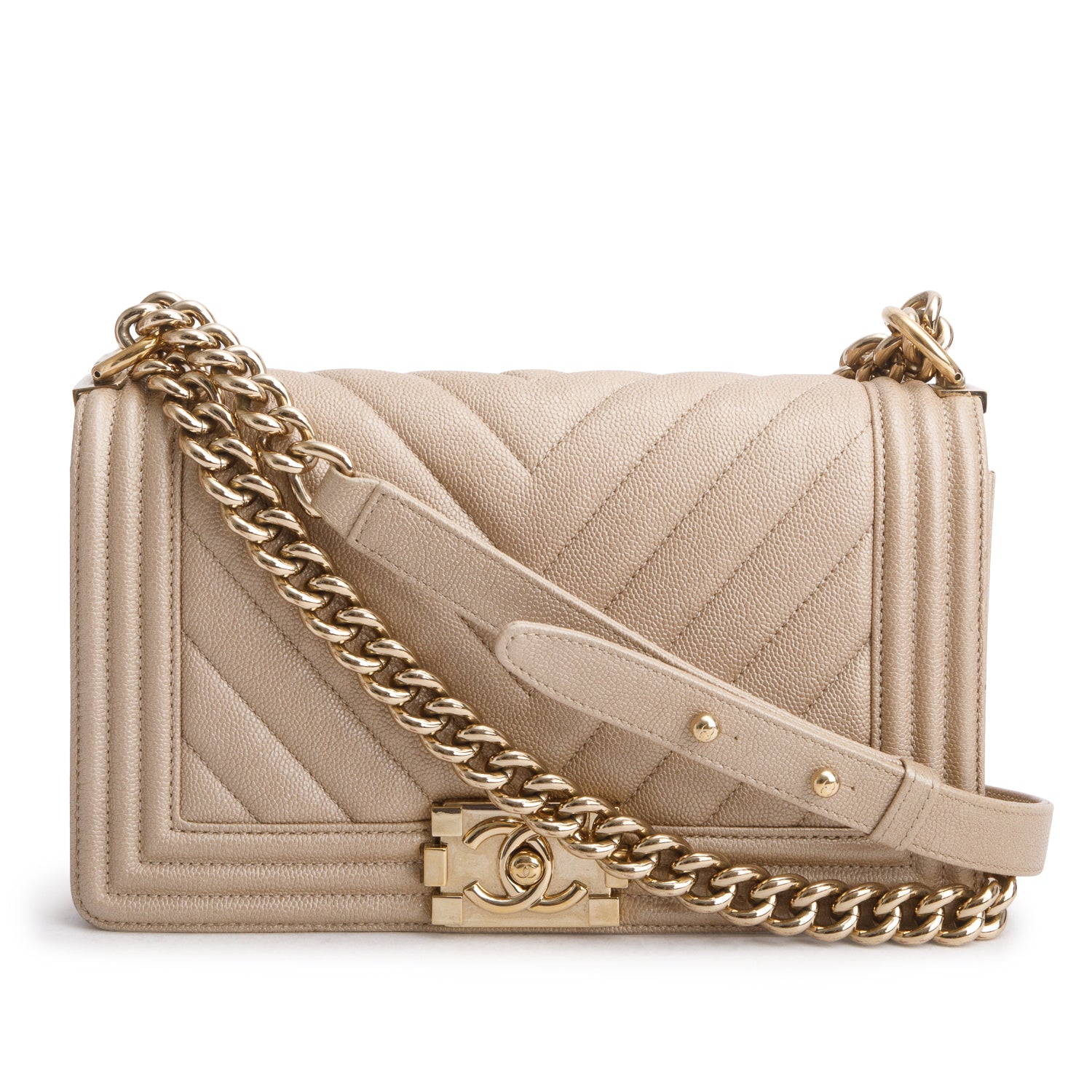 Chanel Beige Caviar Chevron Quilted Medium Boy Bag