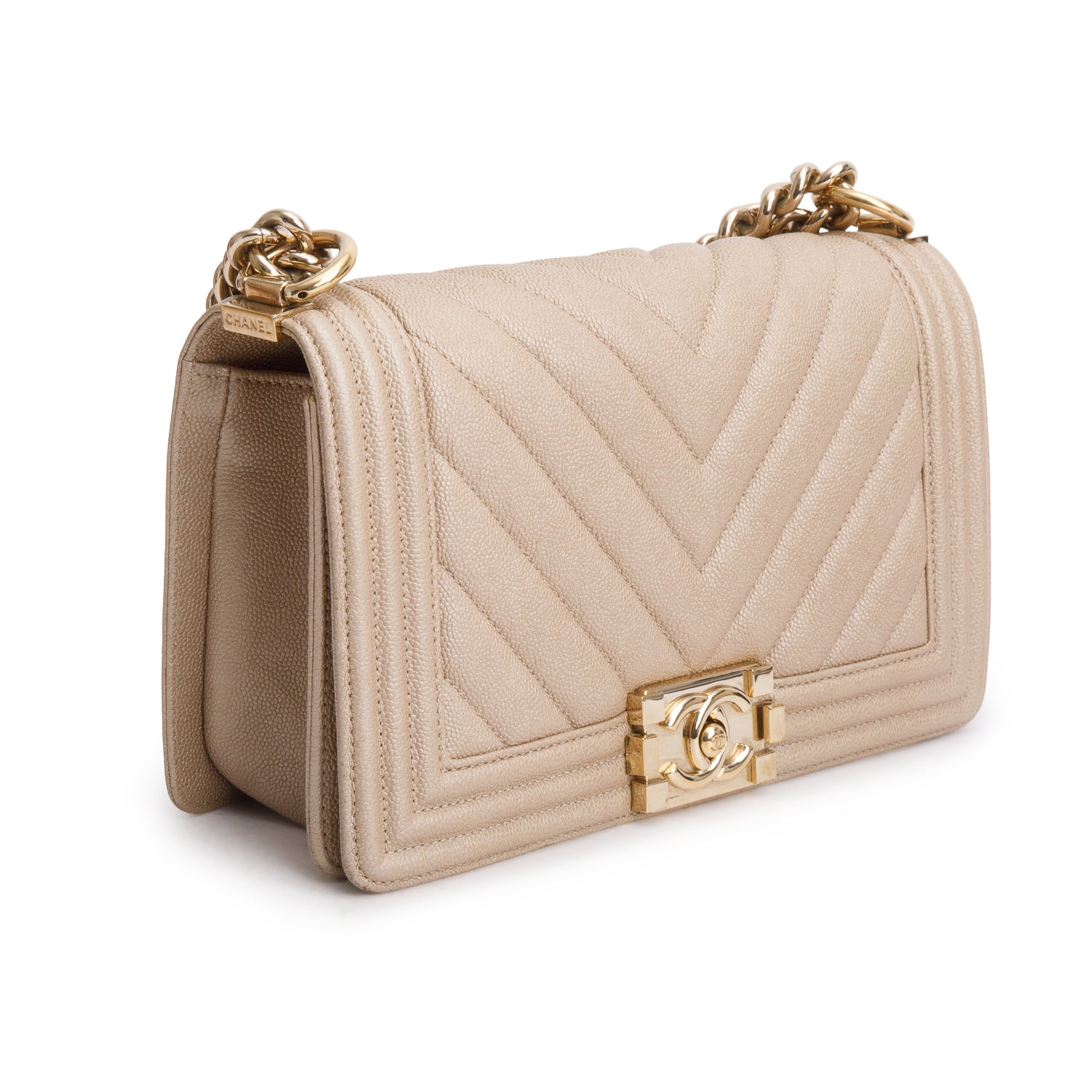 Chanel Beige Caviar Chevron Quilted Medium Boy Bag