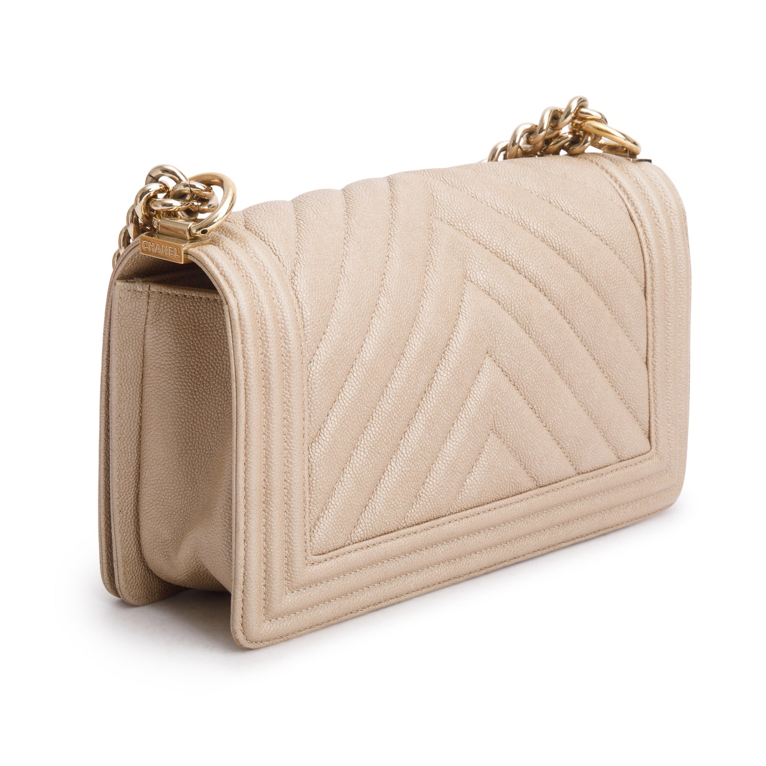 Chanel Beige Caviar Chevron Quilted Medium Boy Bag