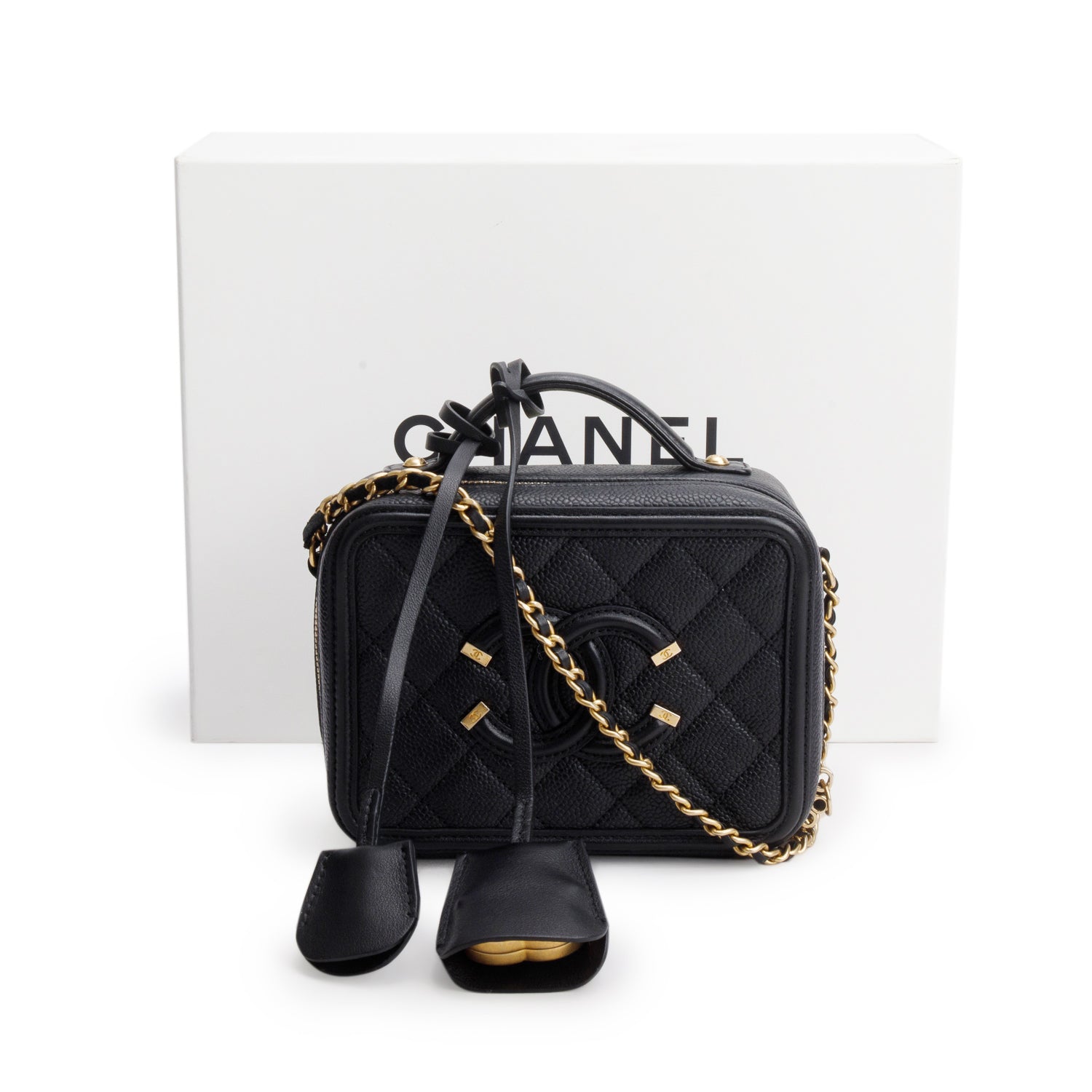 Chanel Black Caviar Quilted Small CC Filigree Vanity Case w/ Box & Receipt