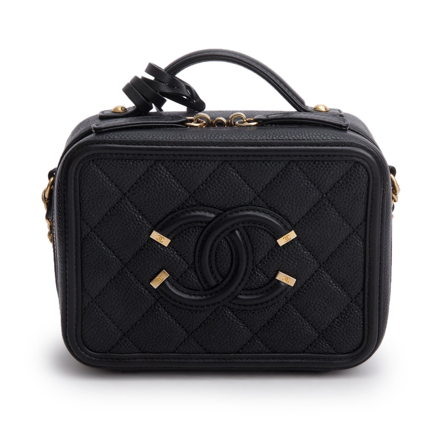 Chanel Black Caviar Quilted Small CC Filigree Vanity Case w/ Box & Receipt