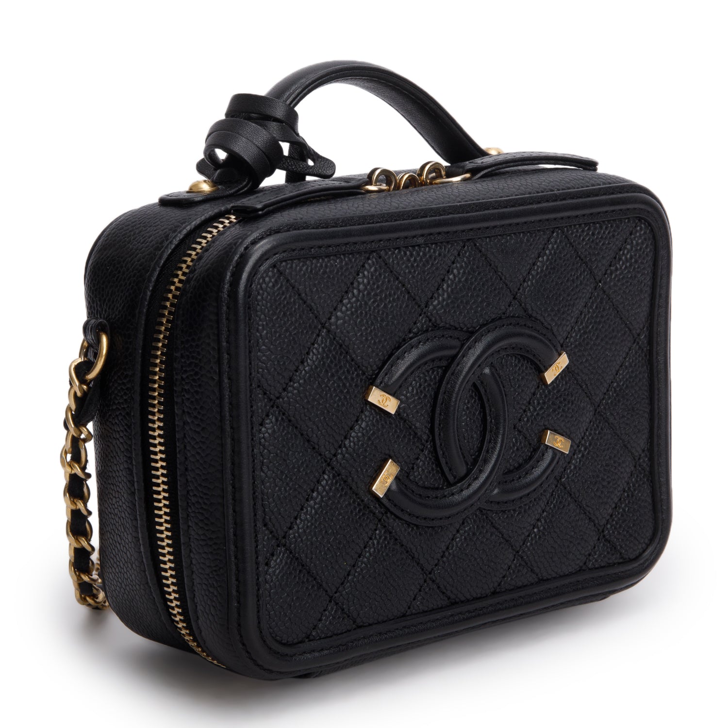 Chanel Black Caviar Quilted Small CC Filigree Vanity Case w/ Box & Receipt