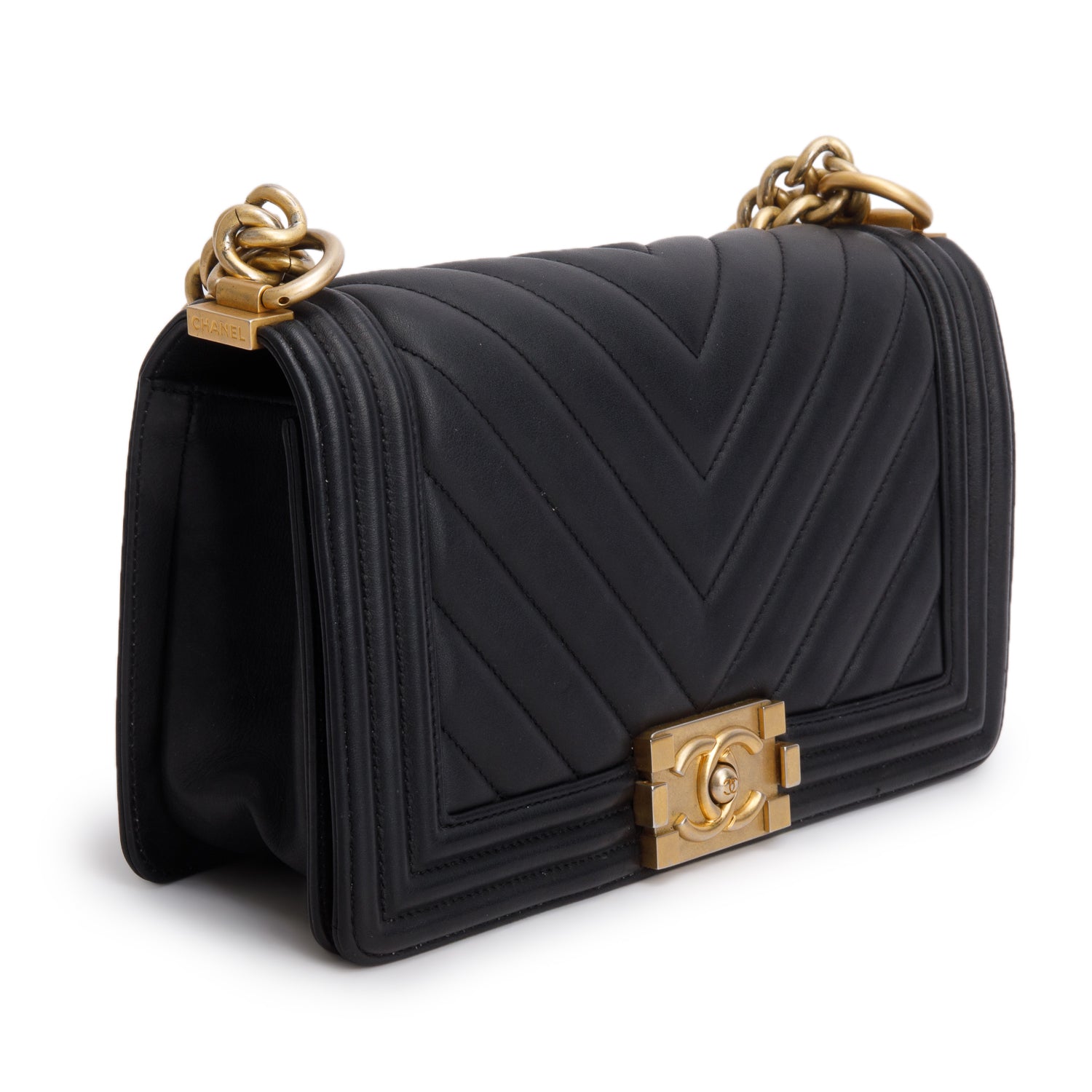 Chanel Black Chevron Quilted Lambskin Leather Medium Boy Bag