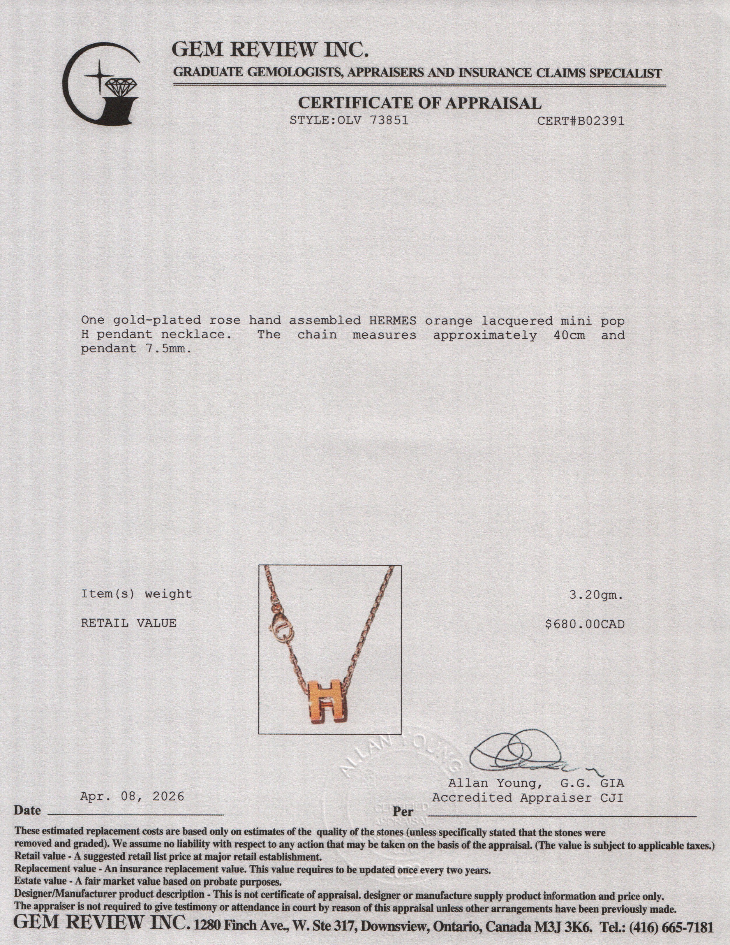 Hermes Rose Gold-Plated Orange Lacquered Mini Pop H Pendant Necklace