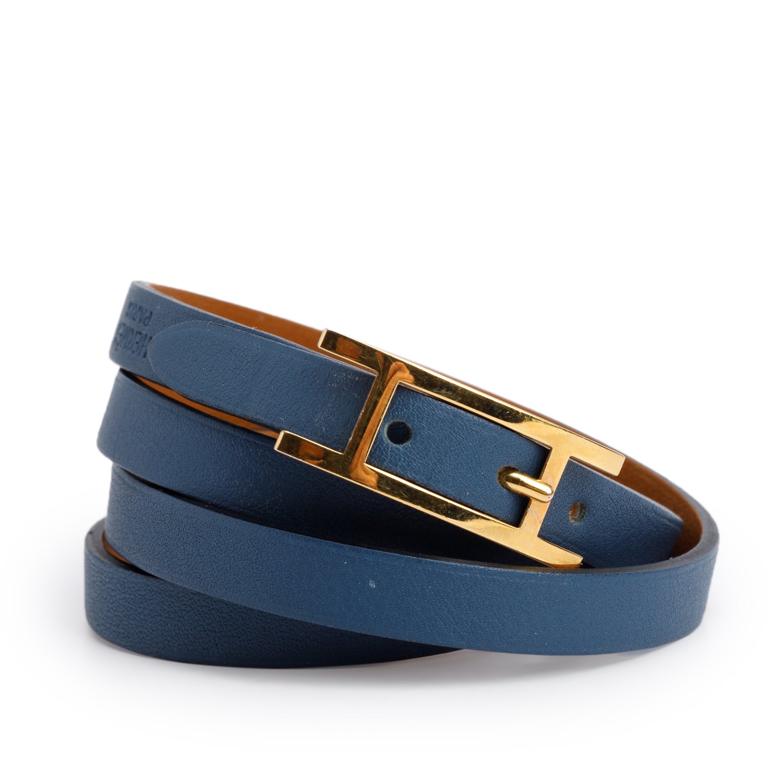 Hermes Gold Plated Blue Leather Behapi Triple Tour Wrap Bracelet