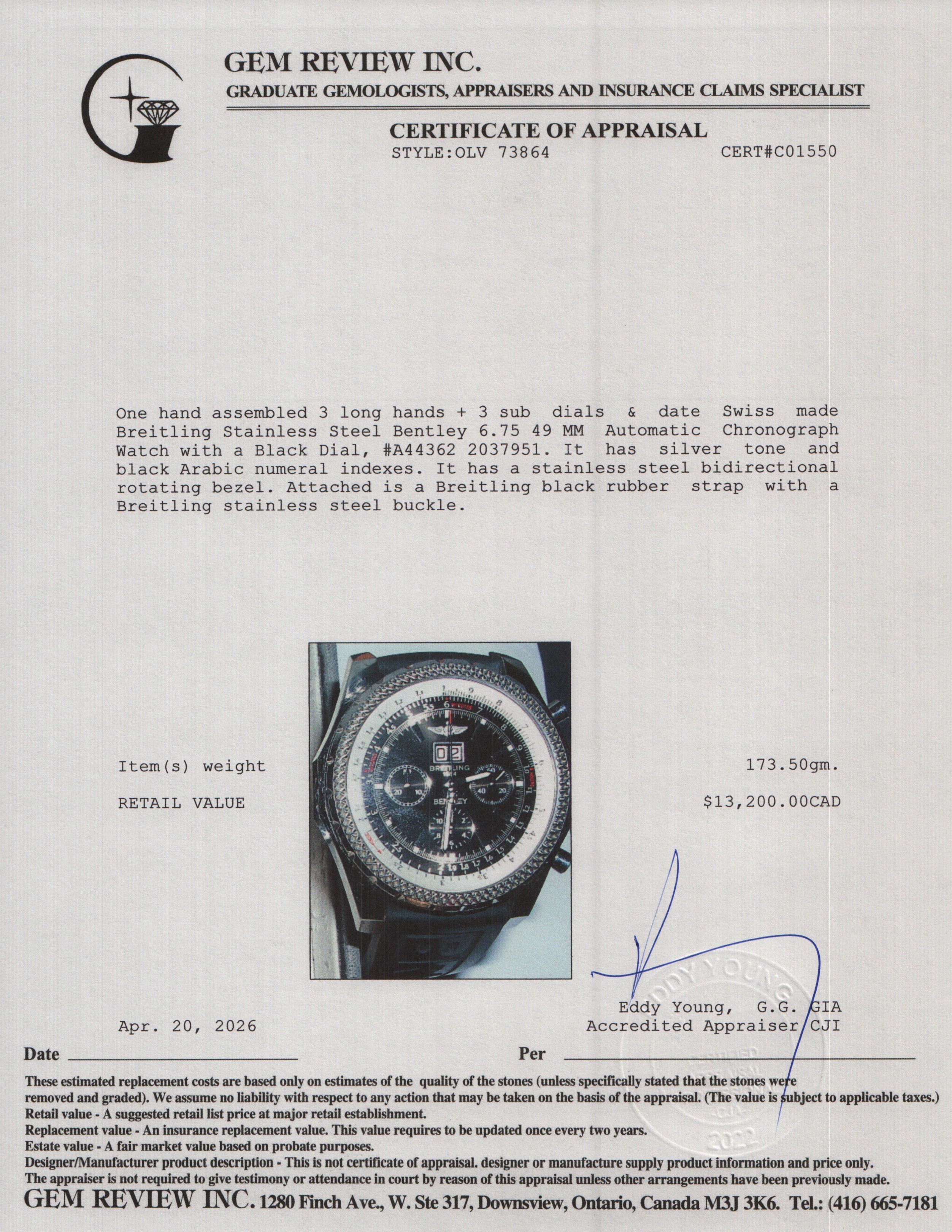 Breitling Stainless Steel Bentley 6.75 49 MM Automatic Chronograph Watch Black Dial A44362