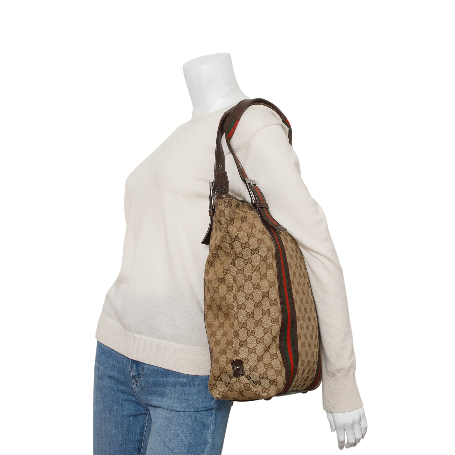 Gucci GG Monogram Medium Buckle Web Handle Vertical Tote