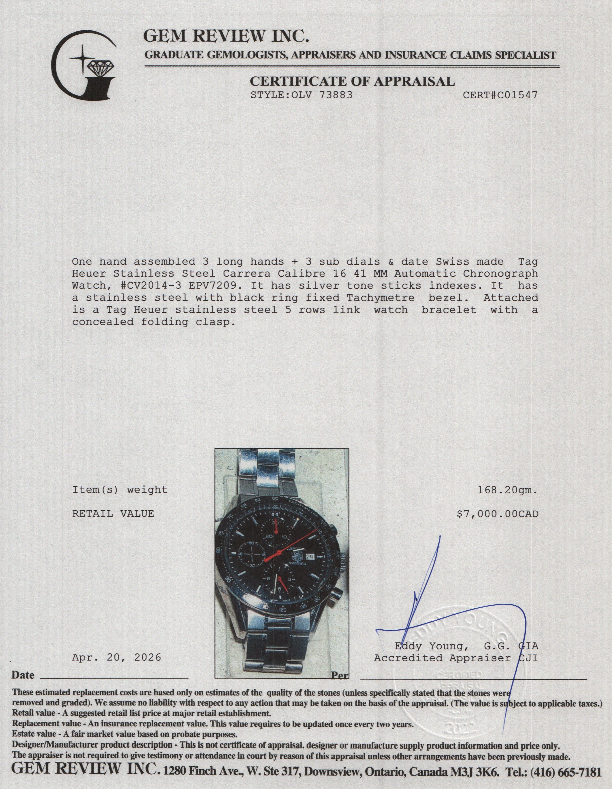 Tag Heuer Stainless Steel Carrera Calibre 16 41 MM Automatic Chronograph Watch CV2014-3 w/ Box & Papers