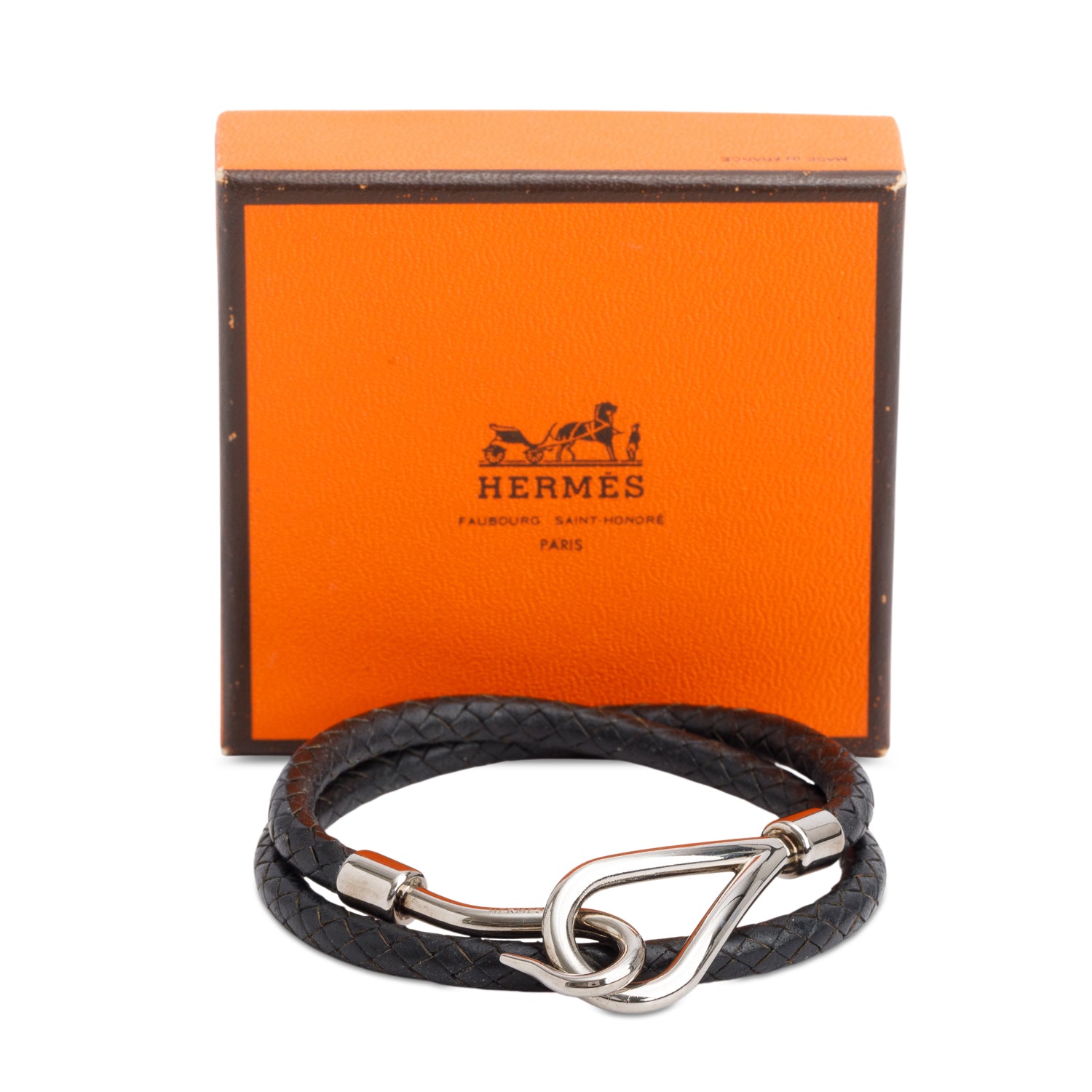Hermes Palladium Plated Noir Swift Calfskin Leather Jumbo H Double Tour Bracelet w/ Box