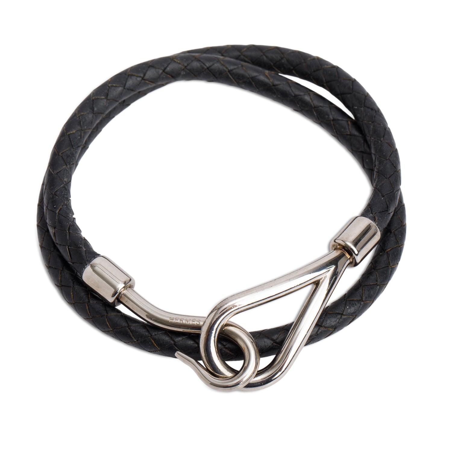 Hermes Palladium Plated Noir Swift Calfskin Leather Jumbo H Double Tour Bracelet w/ Box