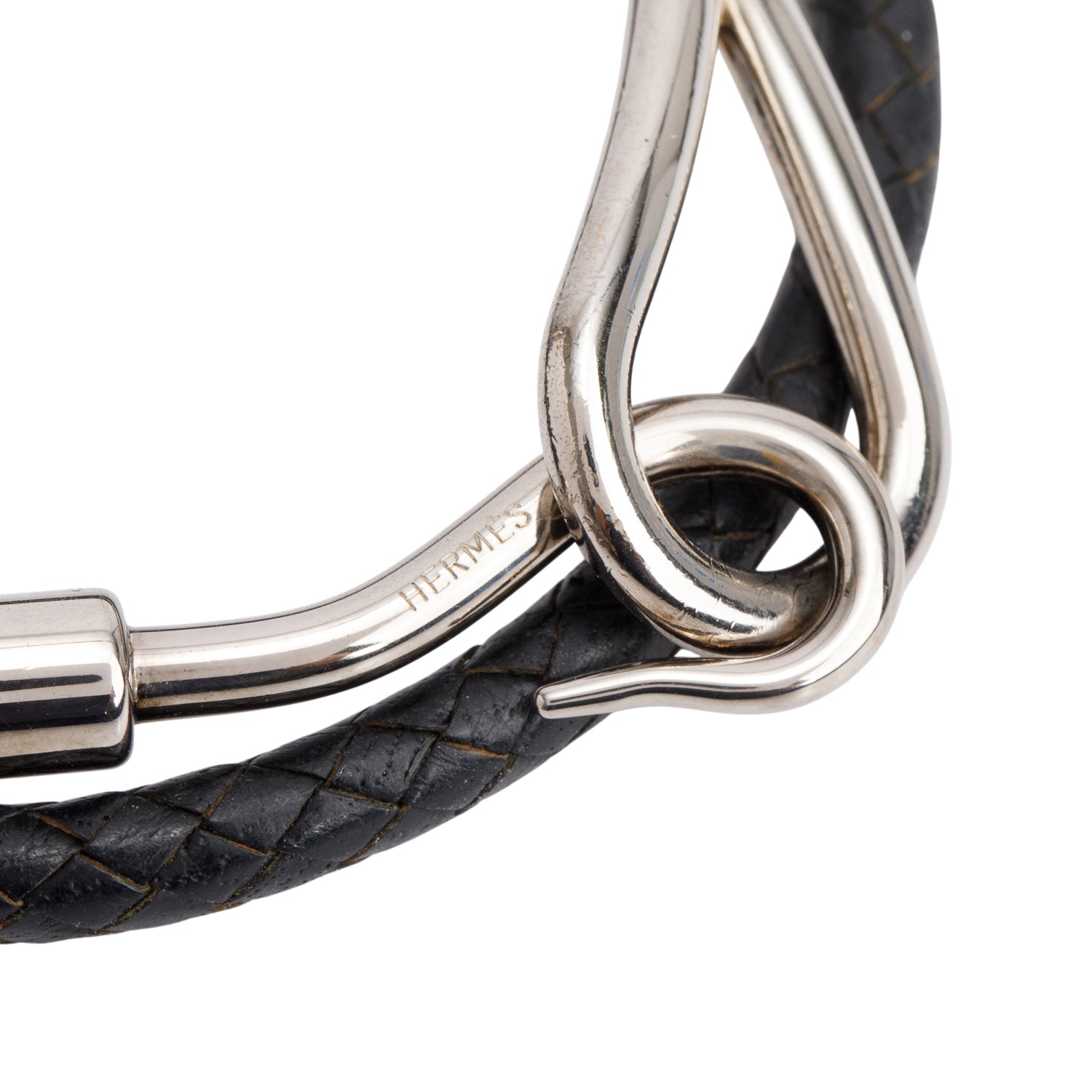 Hermes Palladium Plated Noir Swift Calfskin Leather Jumbo H Double Tour Bracelet w/ Box