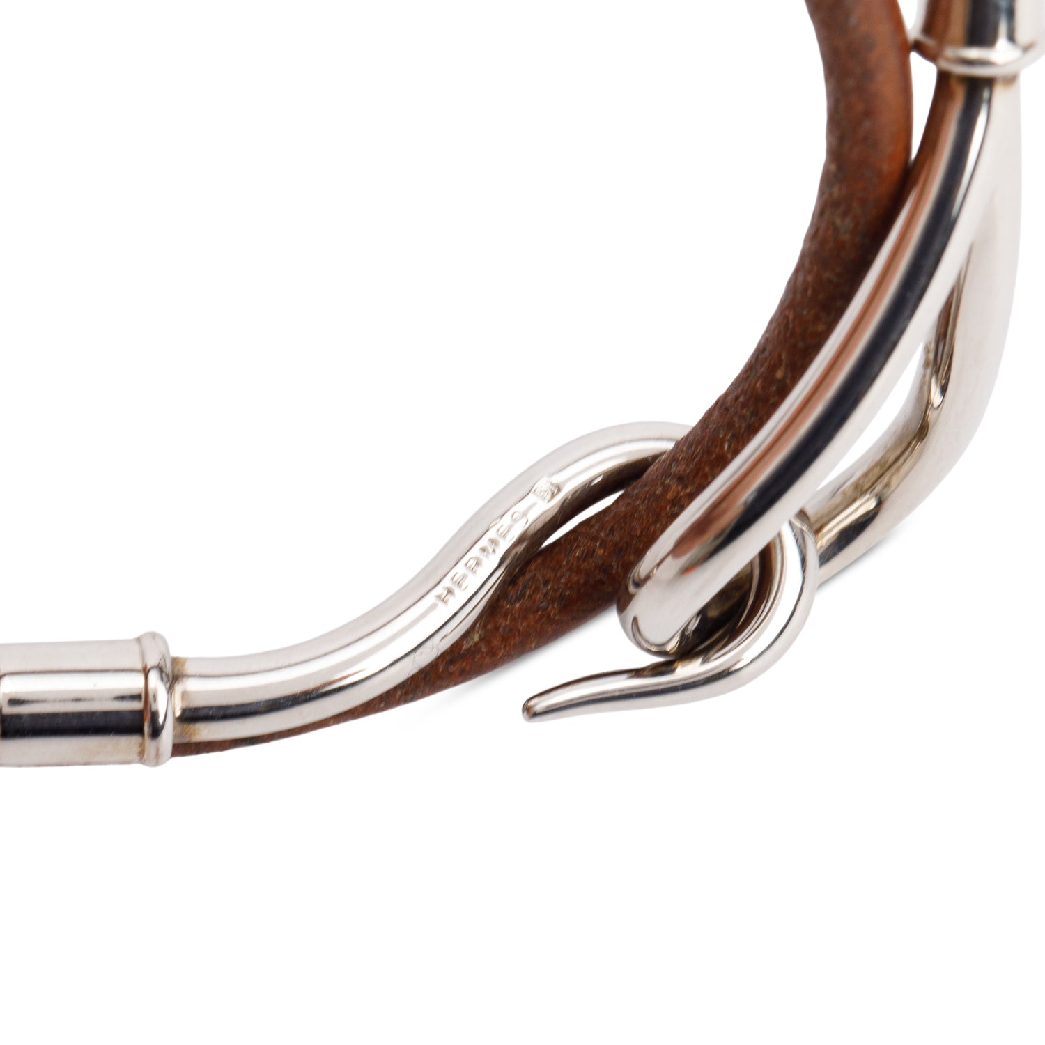 Hermes Palladium Plated Brown Swift Calfskin Leather Jumbo H Double Tour Bracelet w/ Box