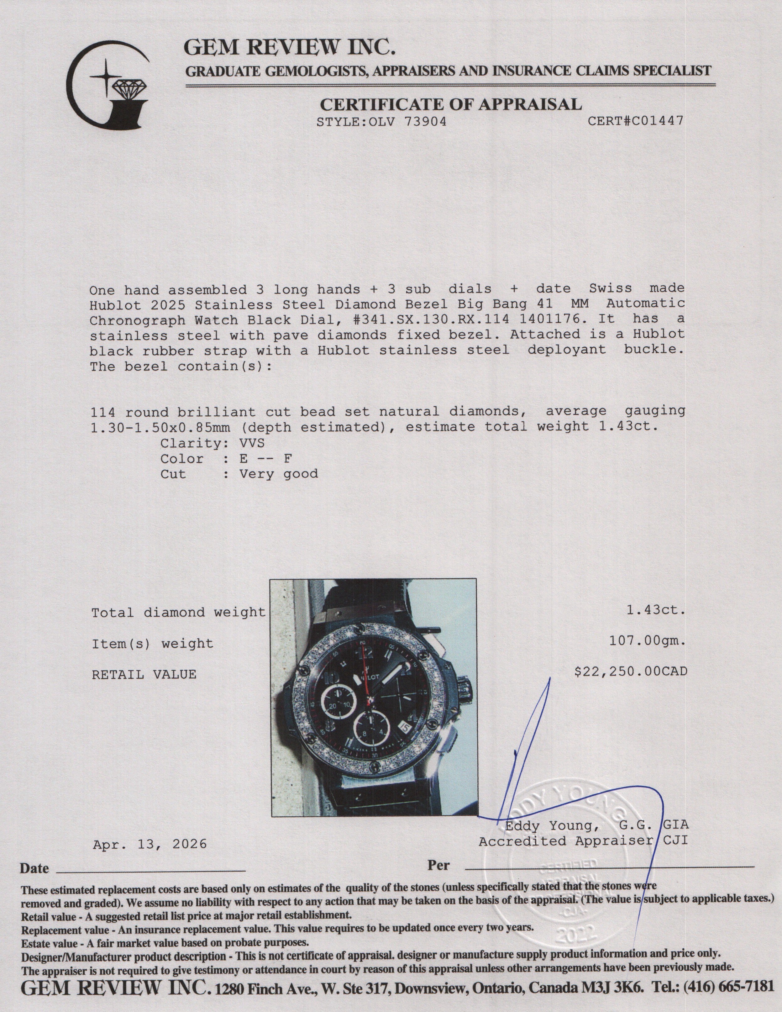Hublot 2025 Stainless Steel Diamond Bezel Big Bang 41 MM Automatic Chronograph Watch Black Dial w/ Box & Papers