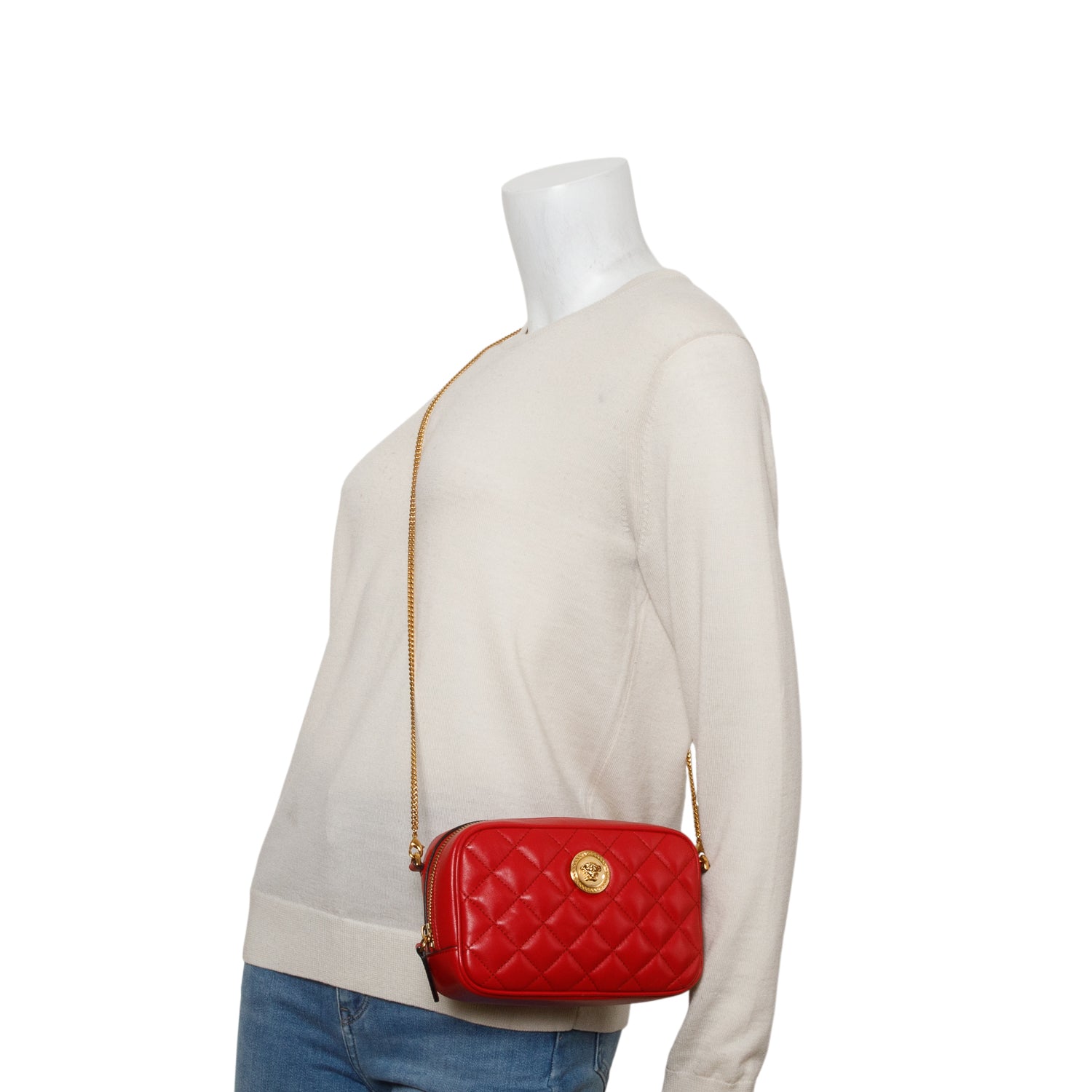 Versace Red Lambskin Quilted Convertible Belt Bag w/ Straps & Box