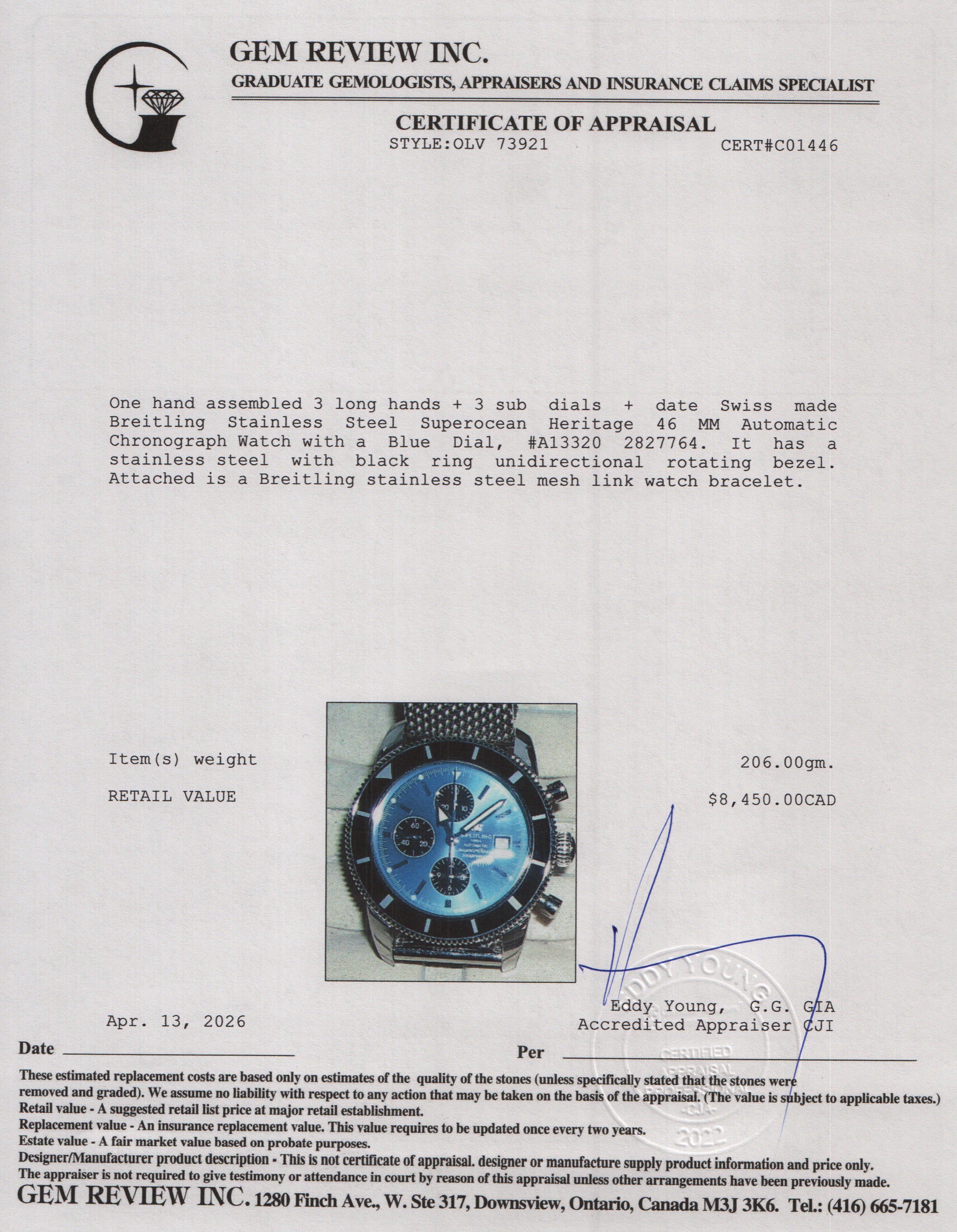 Breitling Stainless Steel Superocean Heritage 46 MM Automatic Chronograph Watch Blue Dial A13320 w/ Box & Papers