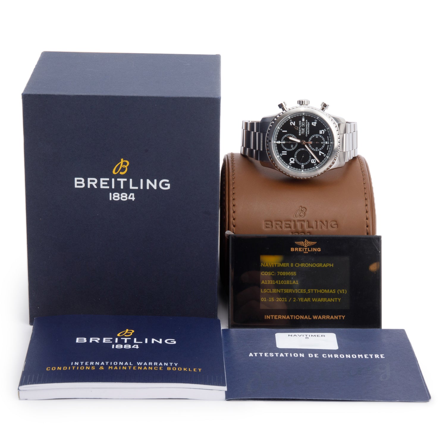 Breitling Stainless Steel Navitimer 8 43 MM Automatic Chronograph Watch Black Dial A13314 w/ Box & Papers