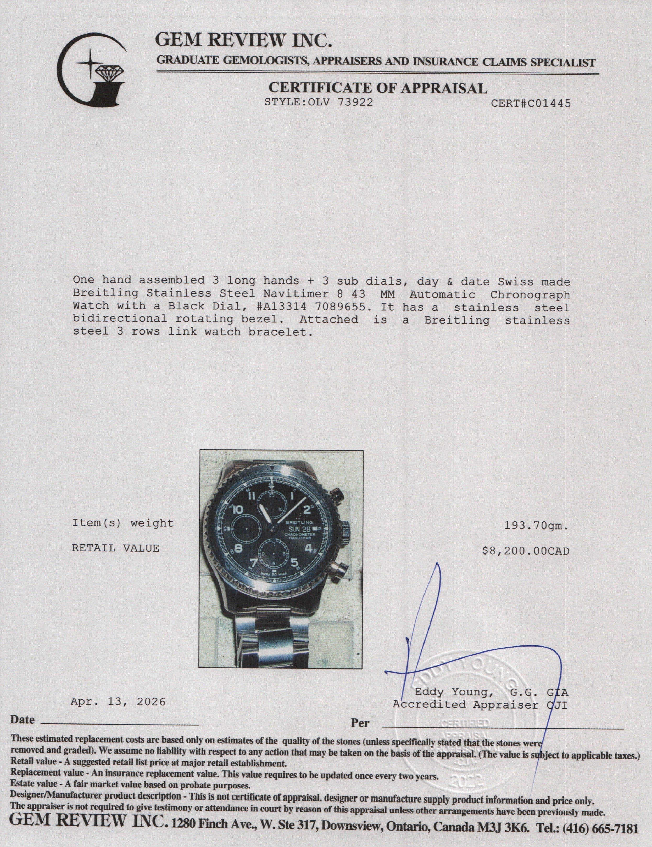 Breitling Stainless Steel Navitimer 8 43 MM Automatic Chronograph Watch Black Dial A13314 w/ Box & Papers