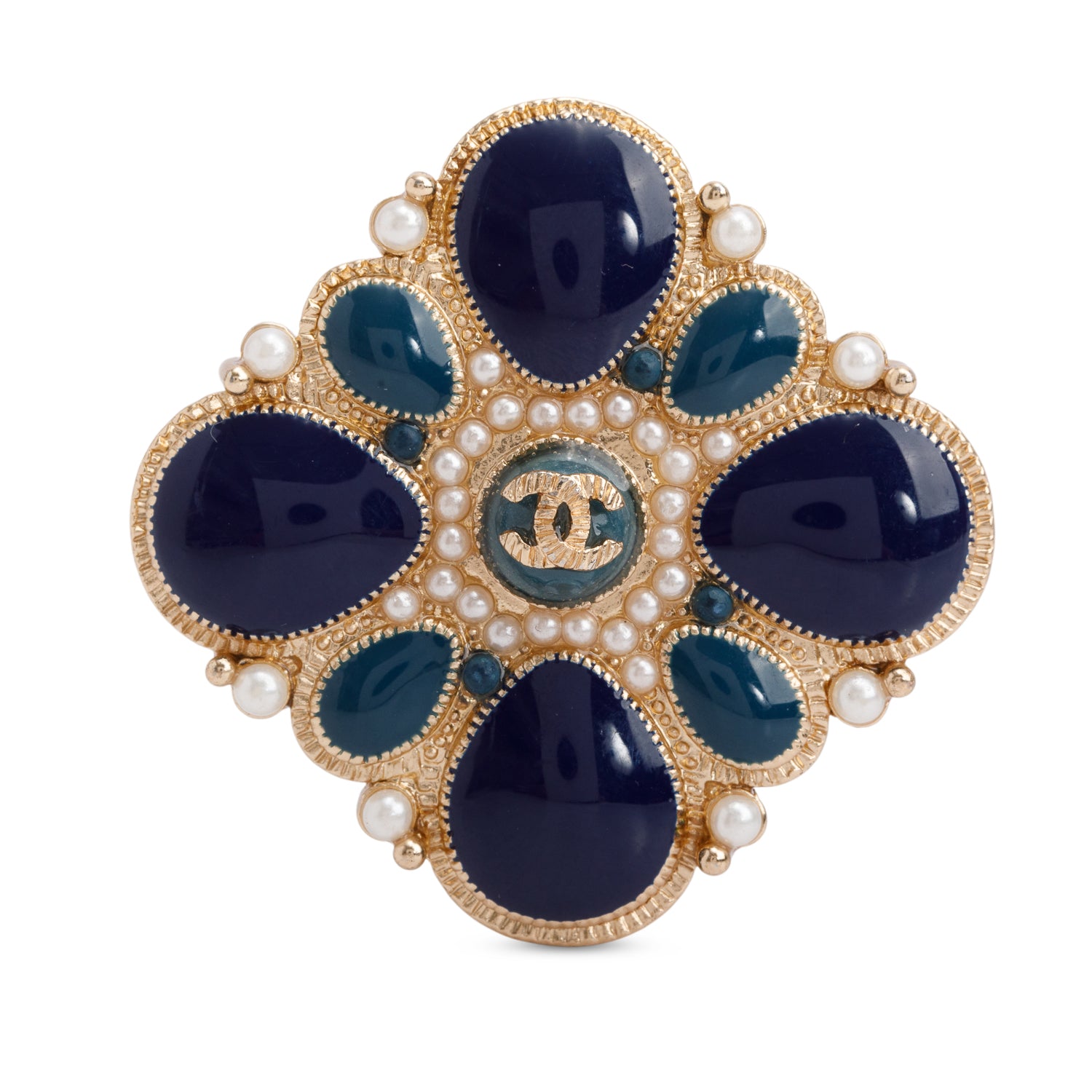 Chanel Gold Plated Enamel Faux Pearl CC Brooch