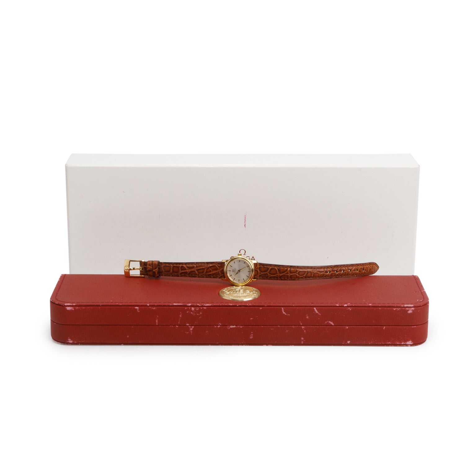 Omega 18k Yellow Gold De Ville Prestige 22 MM Quartz Watch Silver Dial w/ Box & Receipt
