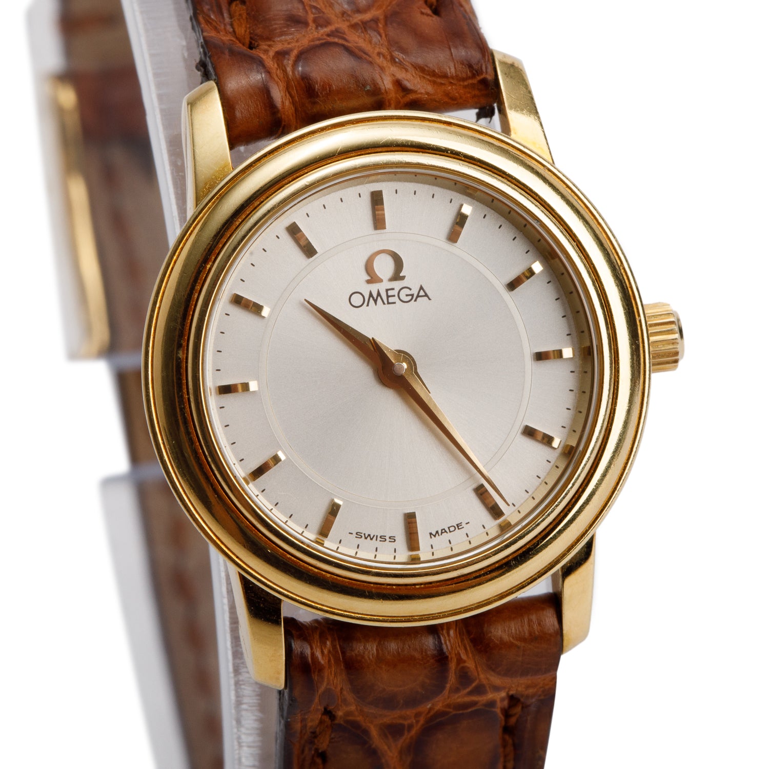 Omega 18k Yellow Gold De Ville Prestige 22 MM Quartz Watch Silver Dial w/ Box & Receipt