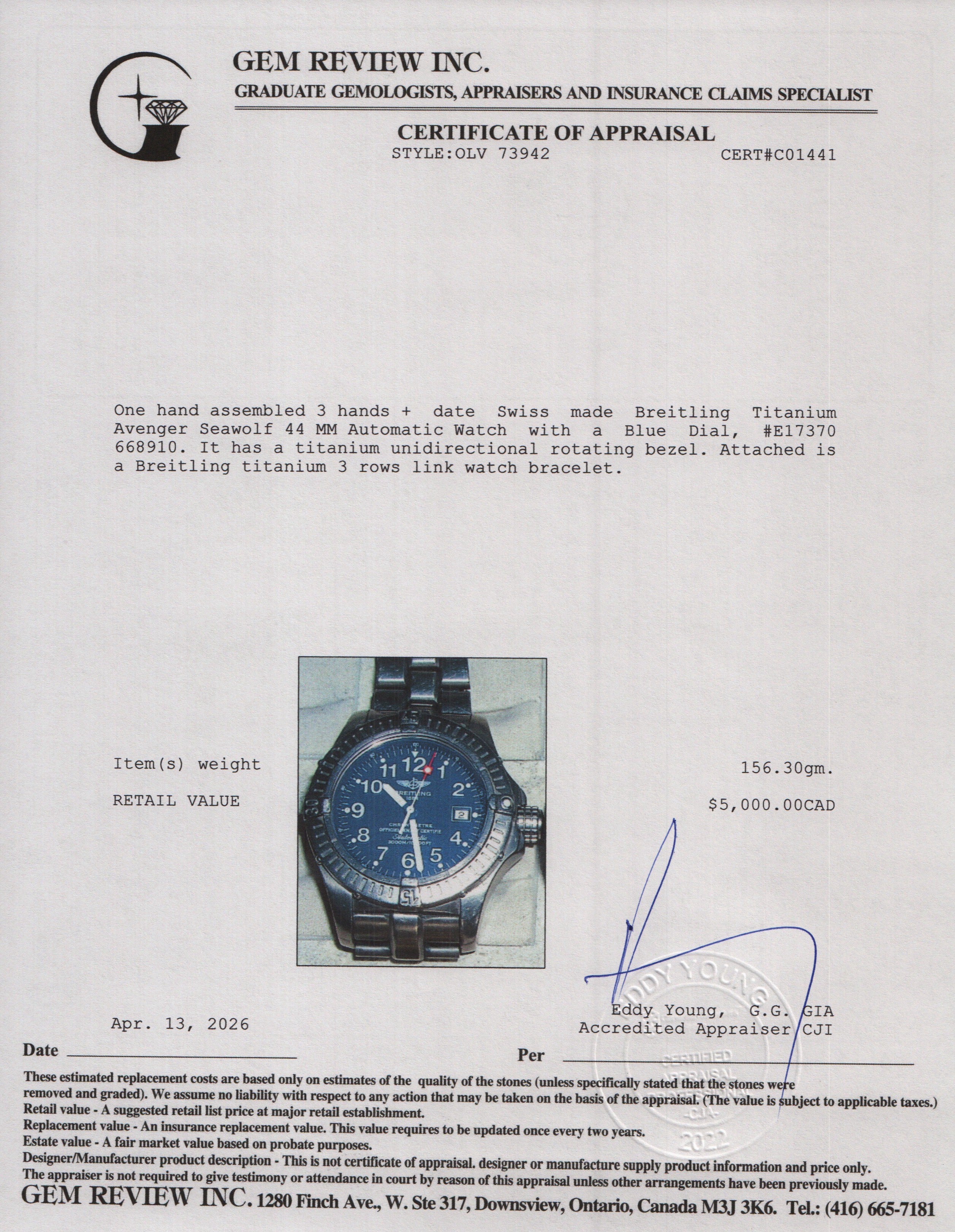 Breitling Titanium Avenger Seawolf 44 MM Automatic Watch Blue Dial E17370 w/ Box